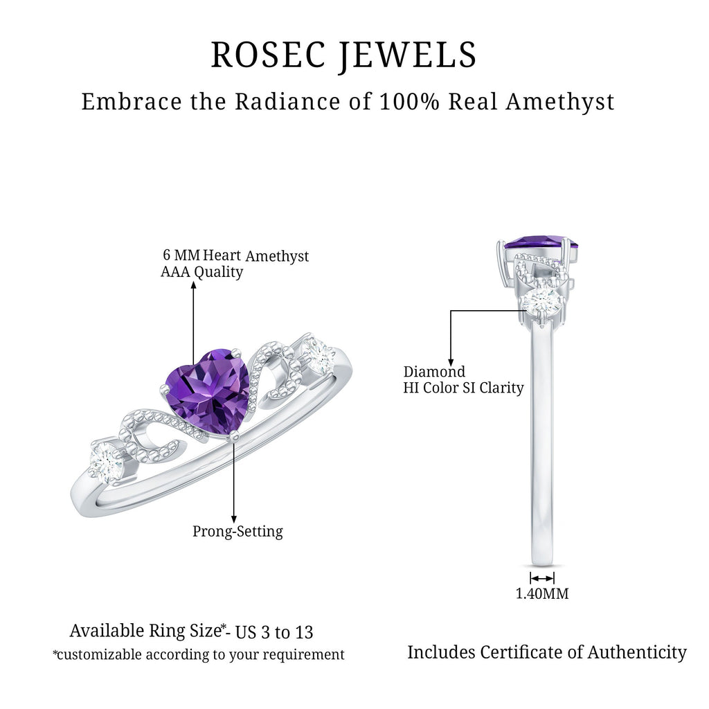 Natural 0.9 Carat Amethyst Heart Promise Ring with Diamond