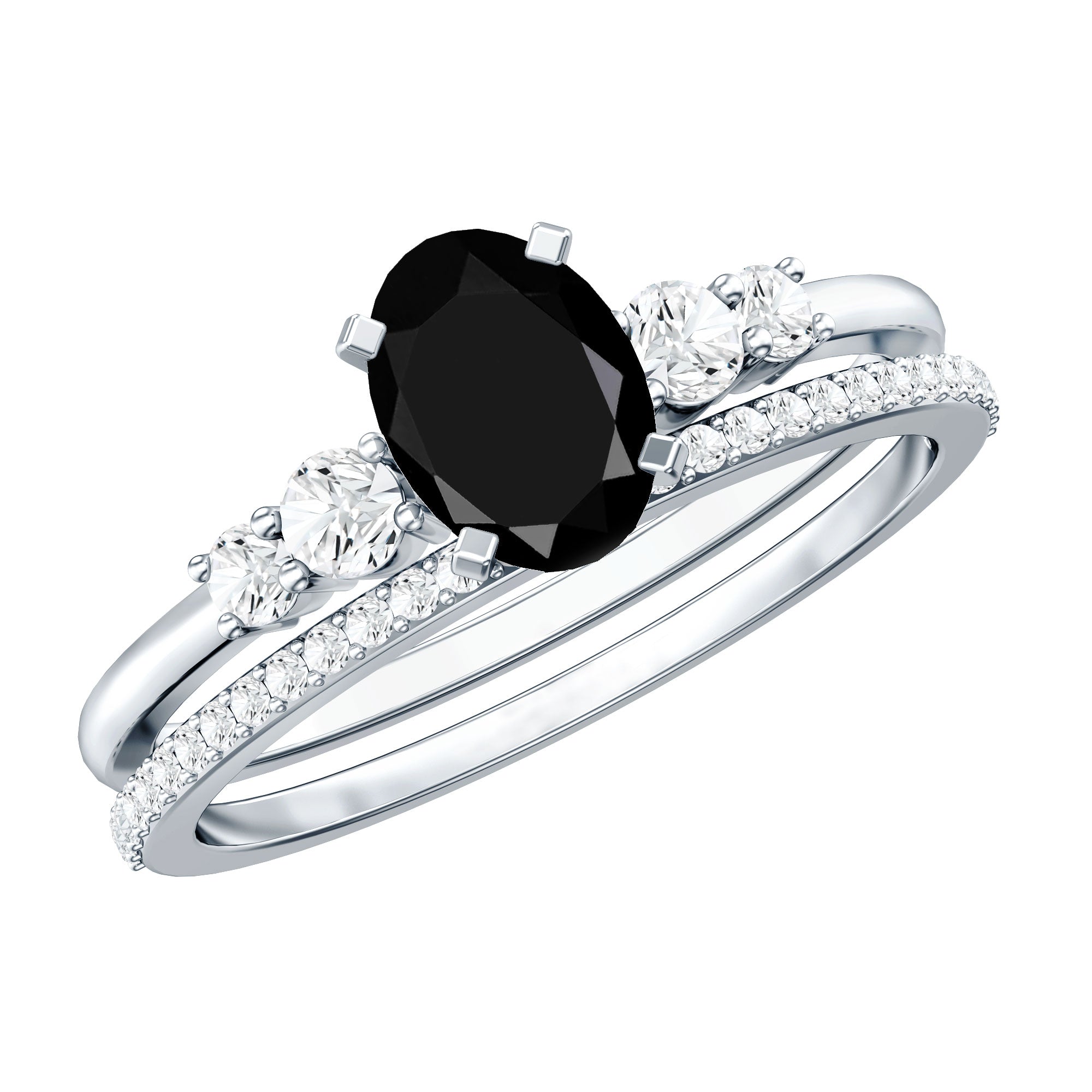 Certified Oval Lab Grown Black and White Diamond Wedding Engagement Ring Set