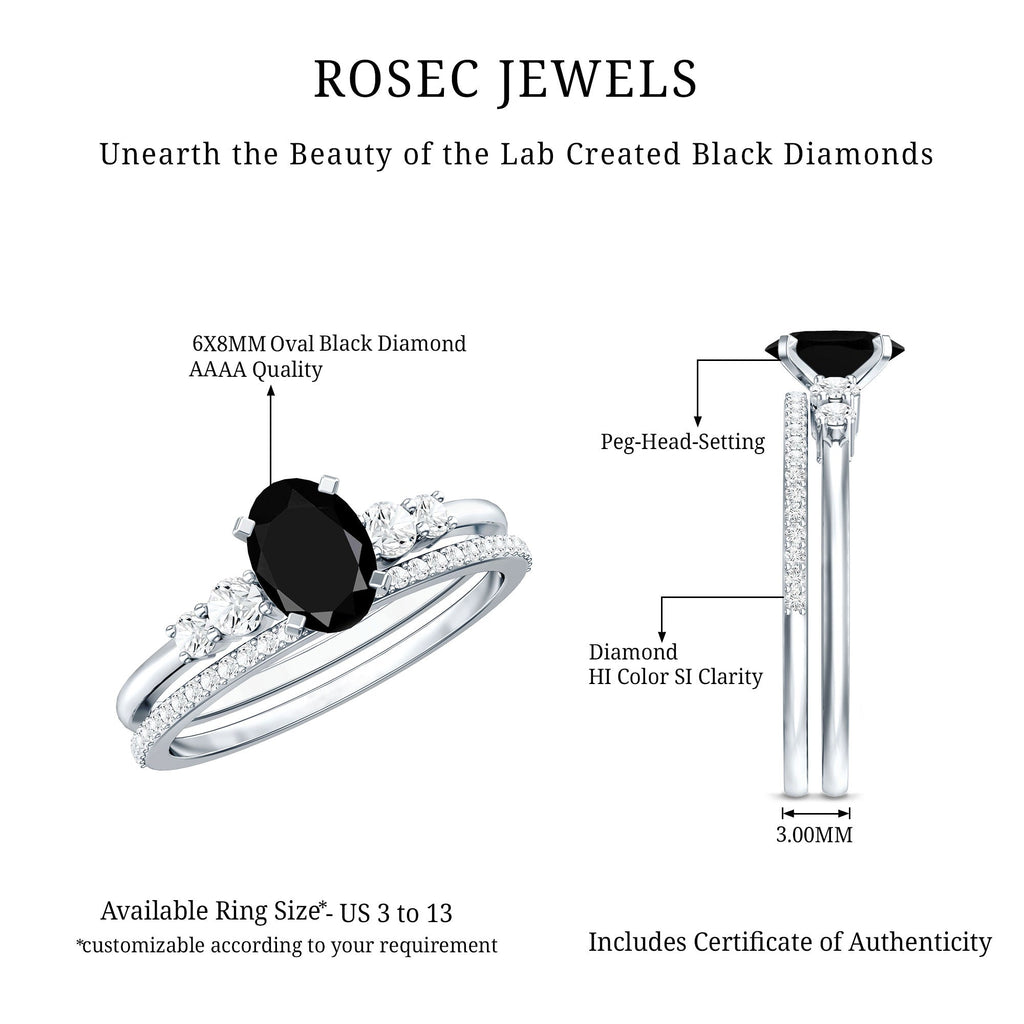 Certified Oval Lab Grown Black and White Diamond Wedding Engagement Ring Set