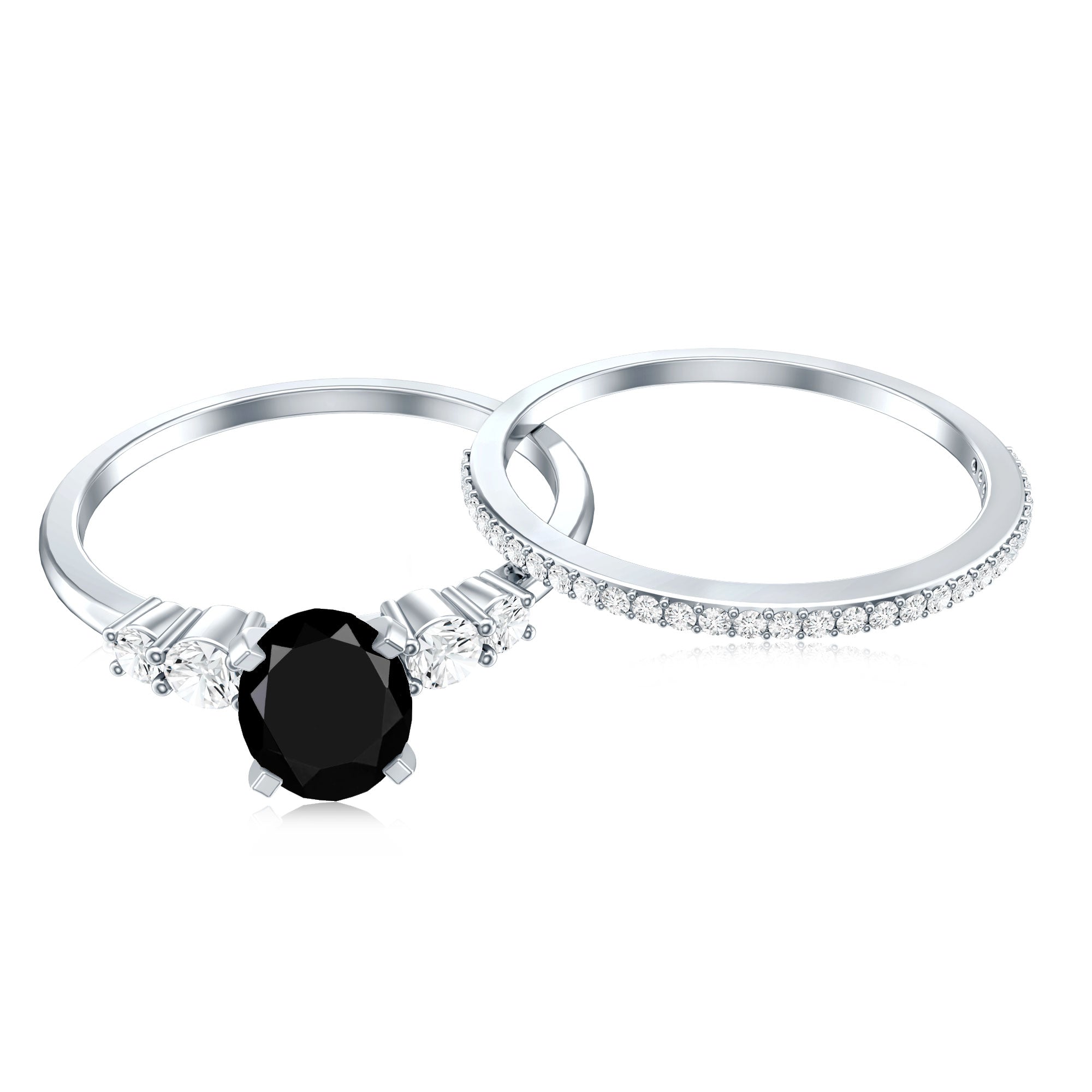 Certified Oval Lab Grown Black and White Diamond Wedding Engagement Ring Set