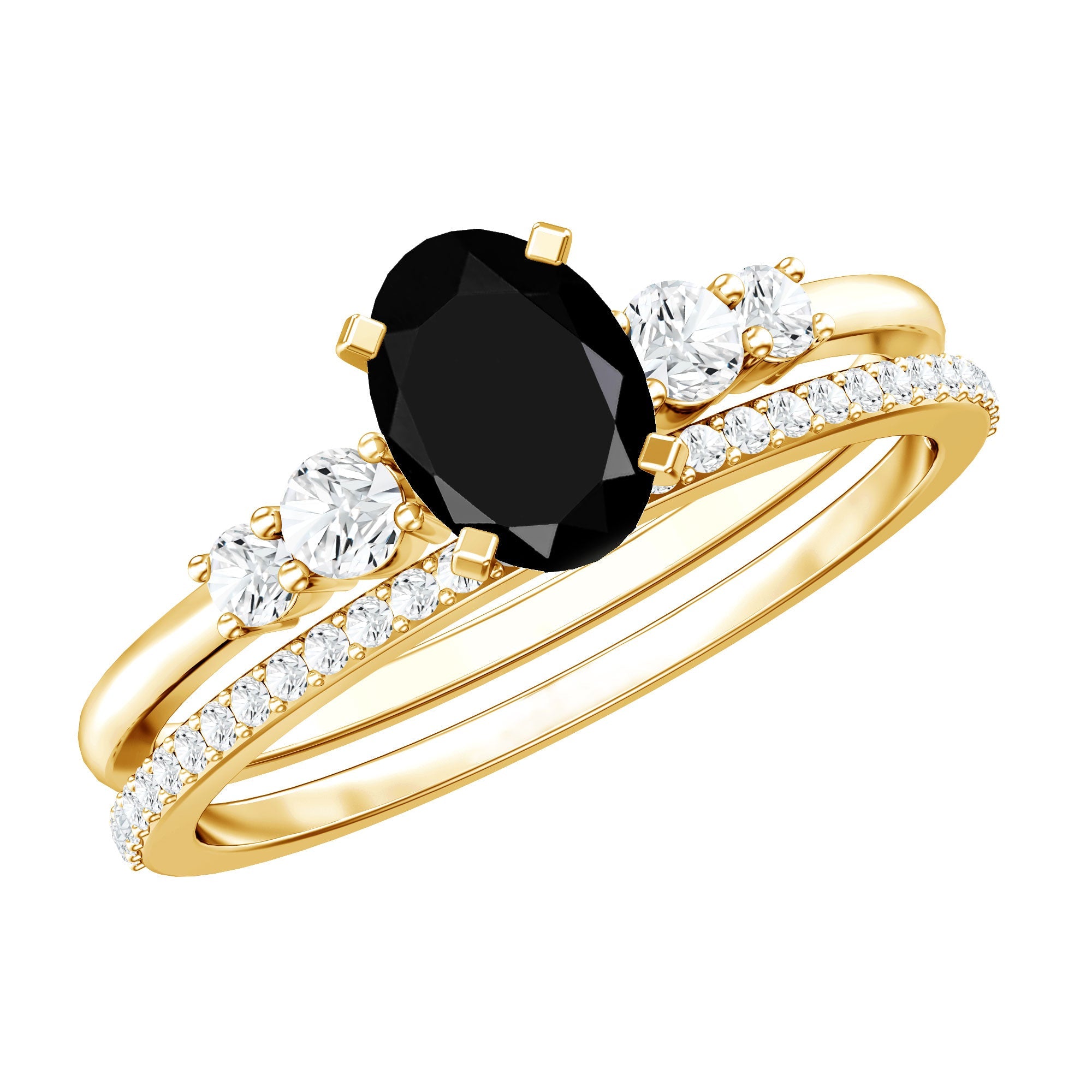 Certified Oval Lab Grown Black and White Diamond Wedding Engagement Ring Set