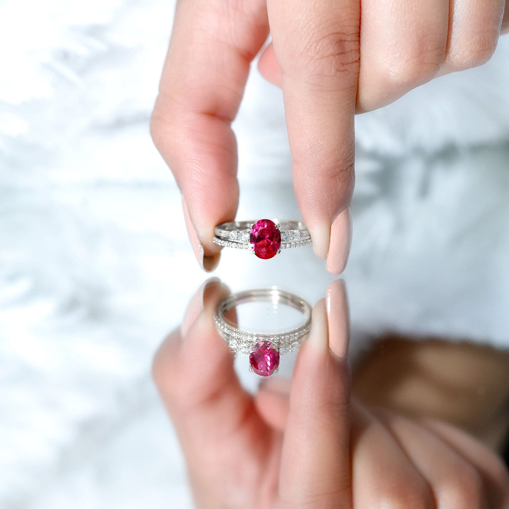 1.5 Carat Oval Lab Created Ruby Solitaire Bridal Ring Set with Diamond