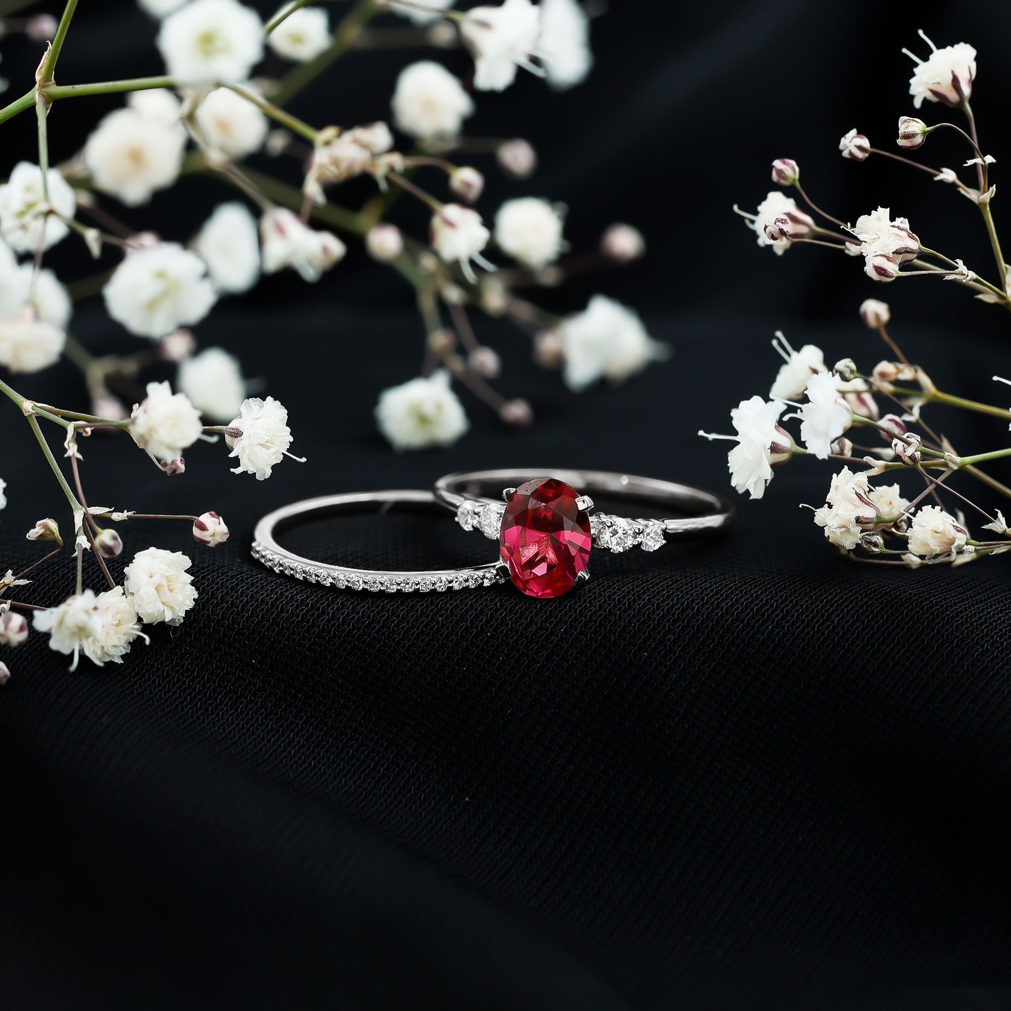 1.5 Carat Oval Lab Created Ruby Solitaire Bridal Ring Set with Diamond