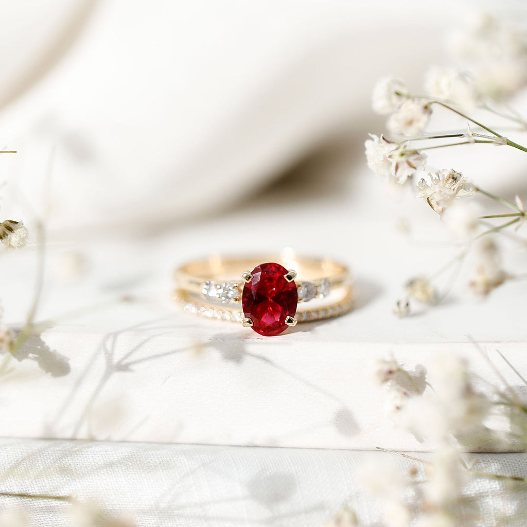 1.5 Carat Oval Lab Created Ruby Solitaire Bridal Ring Set with Diamond