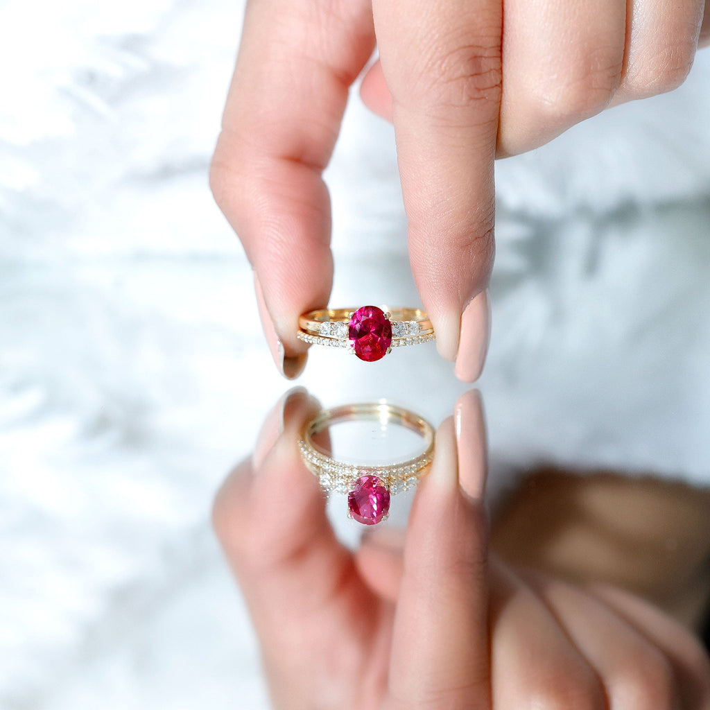 1.5 Carat Oval Lab Created Ruby Solitaire Bridal Ring Set with Diamond