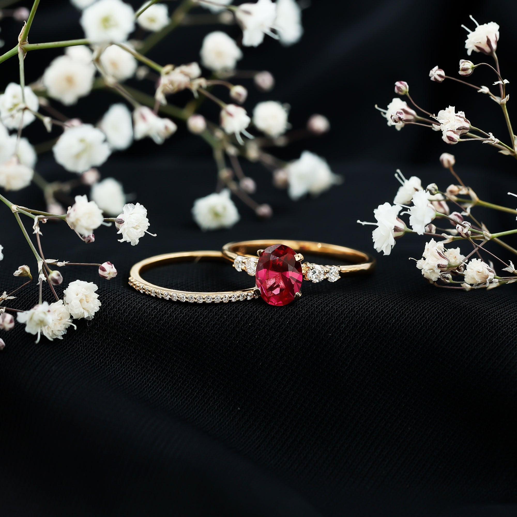 1.5 Carat Oval Lab Created Ruby Solitaire Bridal Ring Set with Diamond
