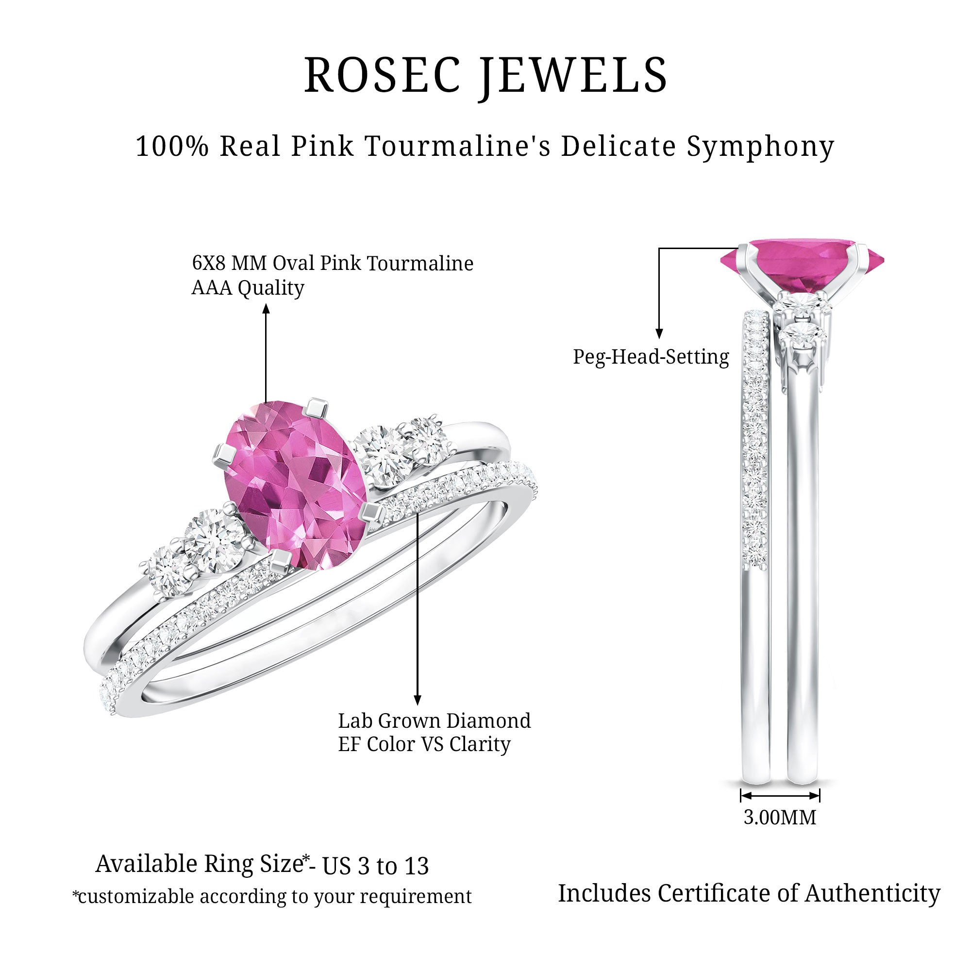 Oval Pink tourmaline Ring with Diamond Wedding Band