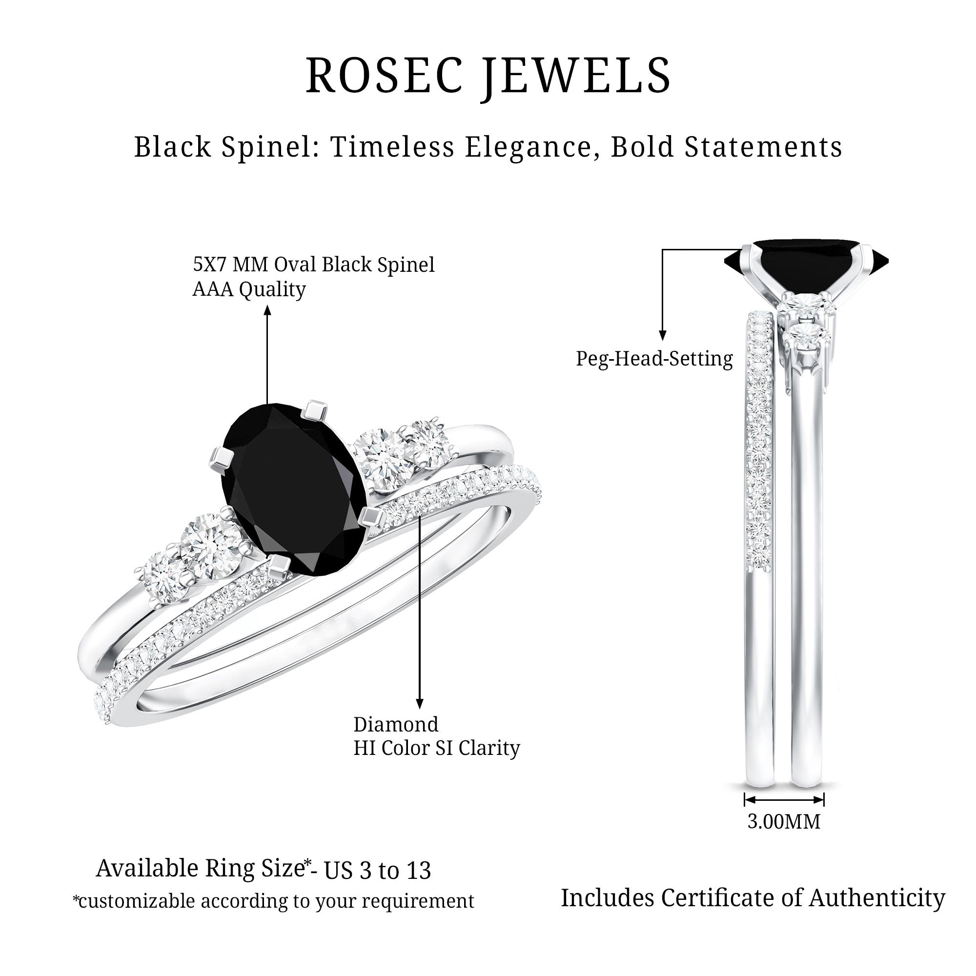 Natural 0.6 Carat Oval Shape Black Spinel Wedding Ring Set with Diamond