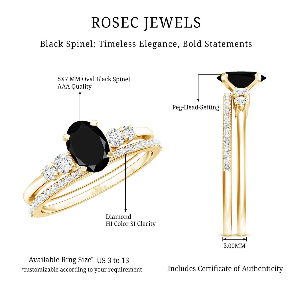 Natural 0.6 Carat Oval Shape Black Spinel Wedding Ring Set with Diamond
