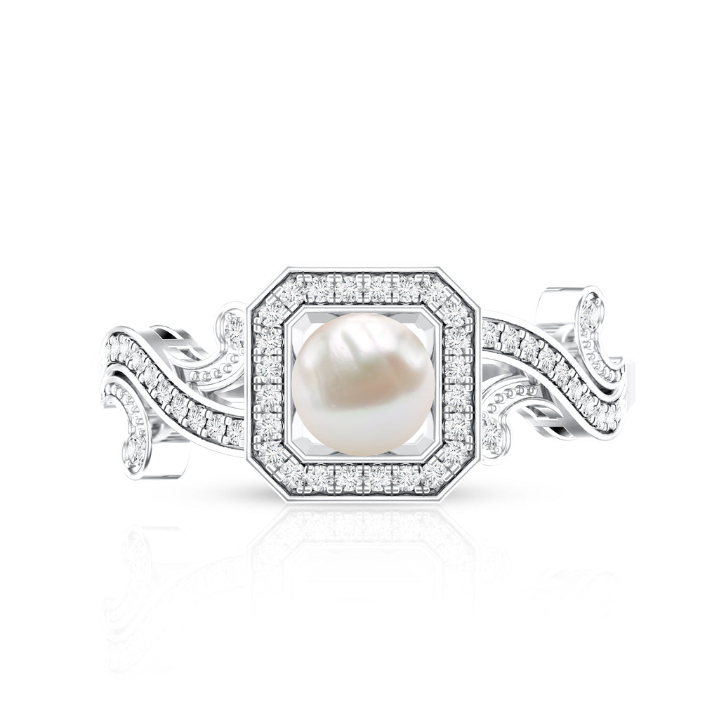 Vintage Inspired 2 Carat Pearl Engagement Ring with Diamond Halo