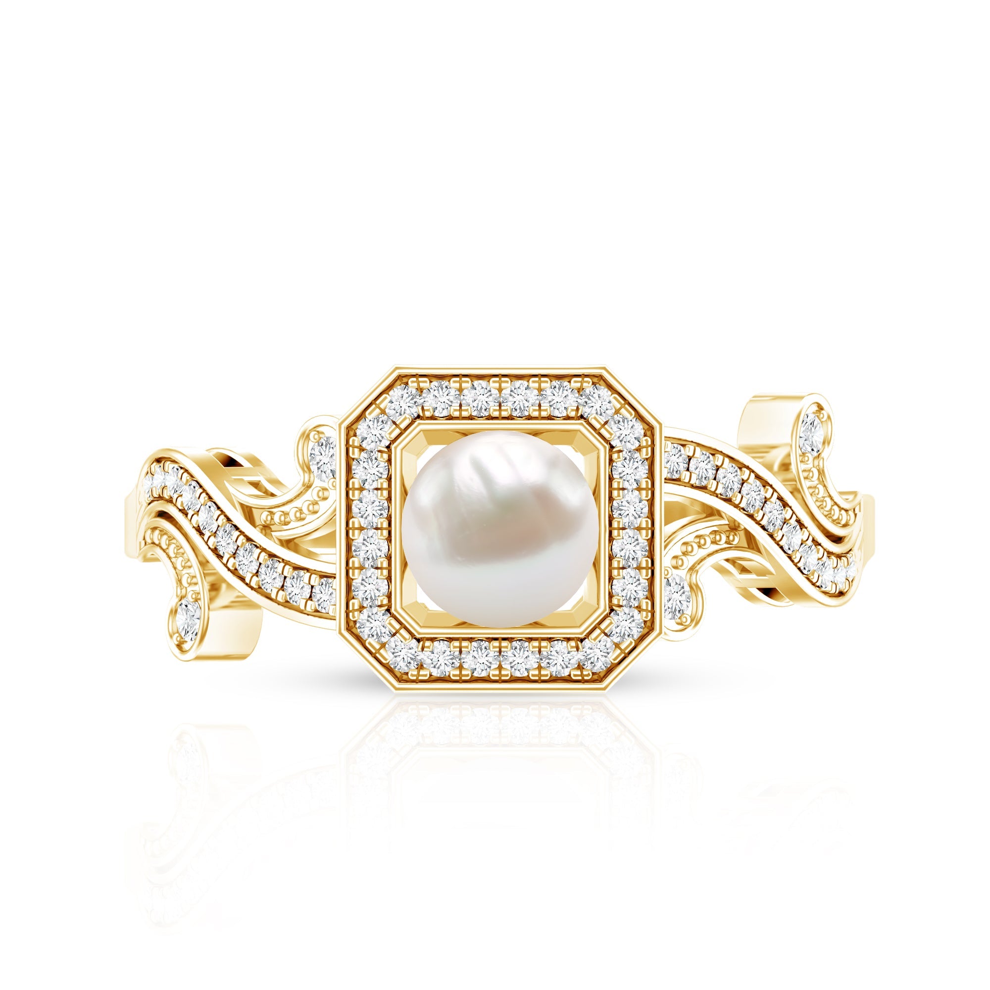Vintage Inspired 2 Carat Pearl Engagement Ring with Diamond Halo