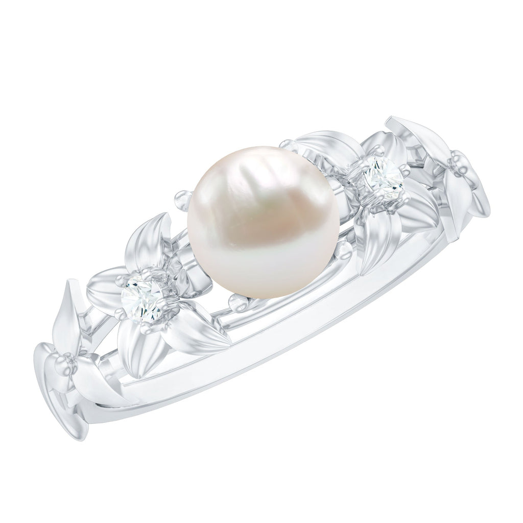 Cultured 2.2 Carat White Pearl Flower Engagement Ring with Diamonds