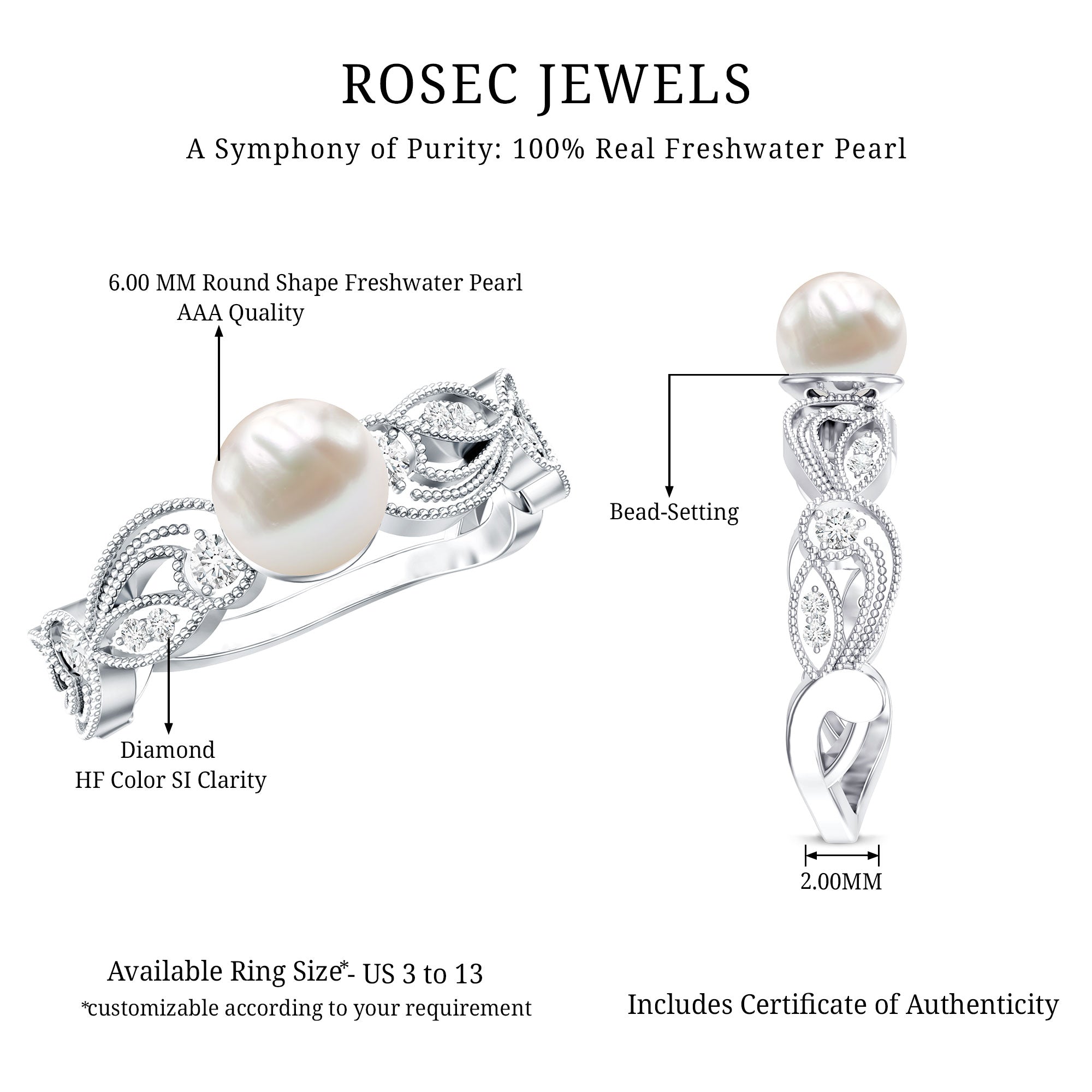 2.2 Carat Freshwater Pearl Vintage Looking Engagement Ring with Diamond