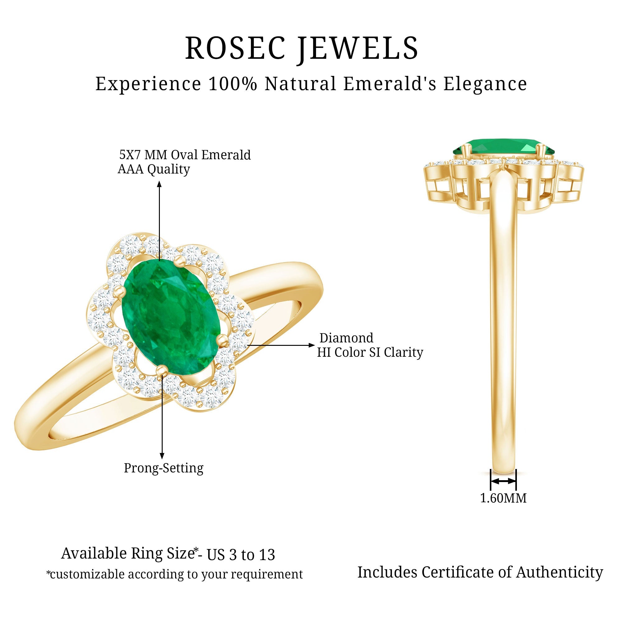 Natural 0.7 Carat Oval Emerald Engagement Ring with Diamond