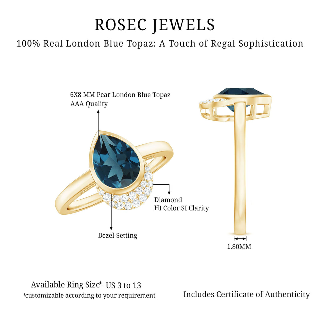 Genuine London Blue Topaz Diamond Engagement Ring in Bezel Setting