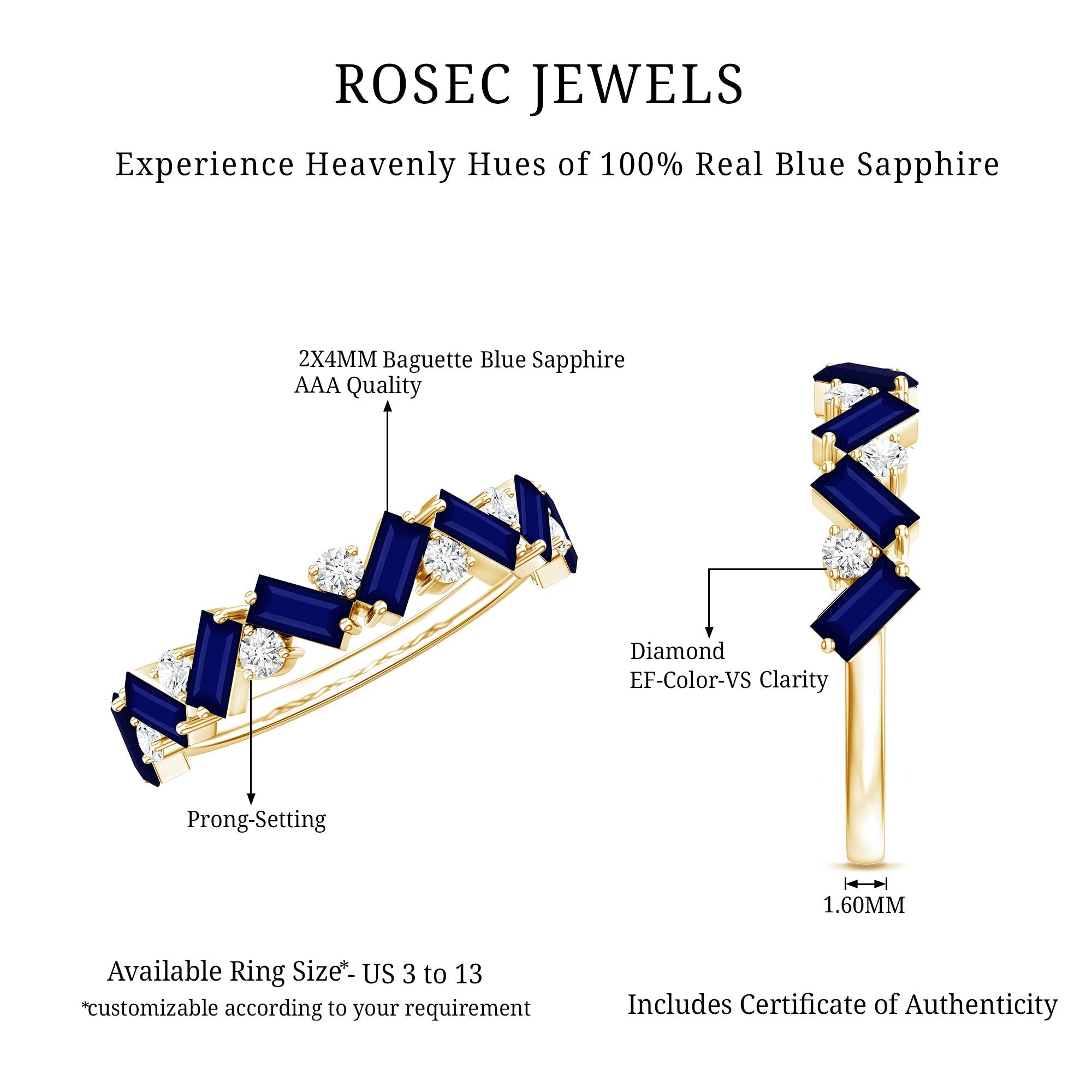 Certified Real Baguette Blue Sapphire Half Eternity Ring with Diamond