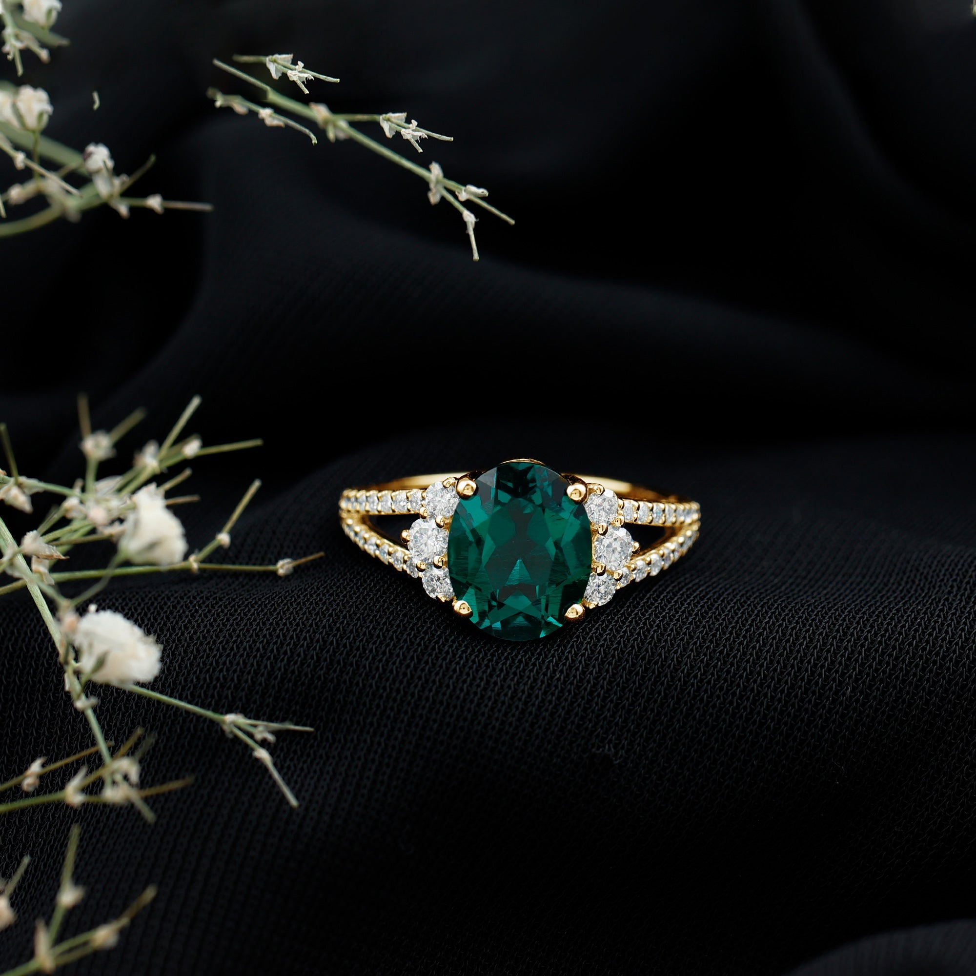 Certified 3 Carat Oval Lab Grown Emerald Split Shank Engagement Ring