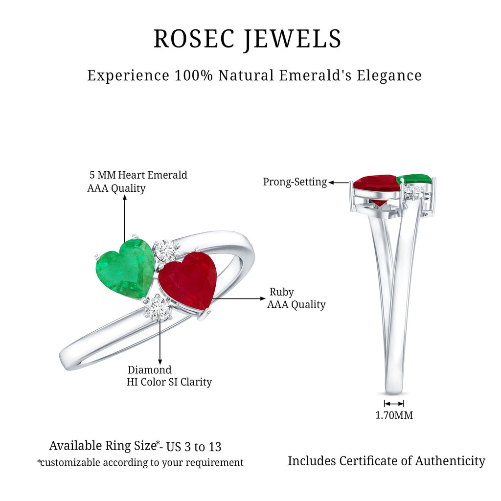 Heart Shaped Ruby Emerald Two Stone Engagement Ring