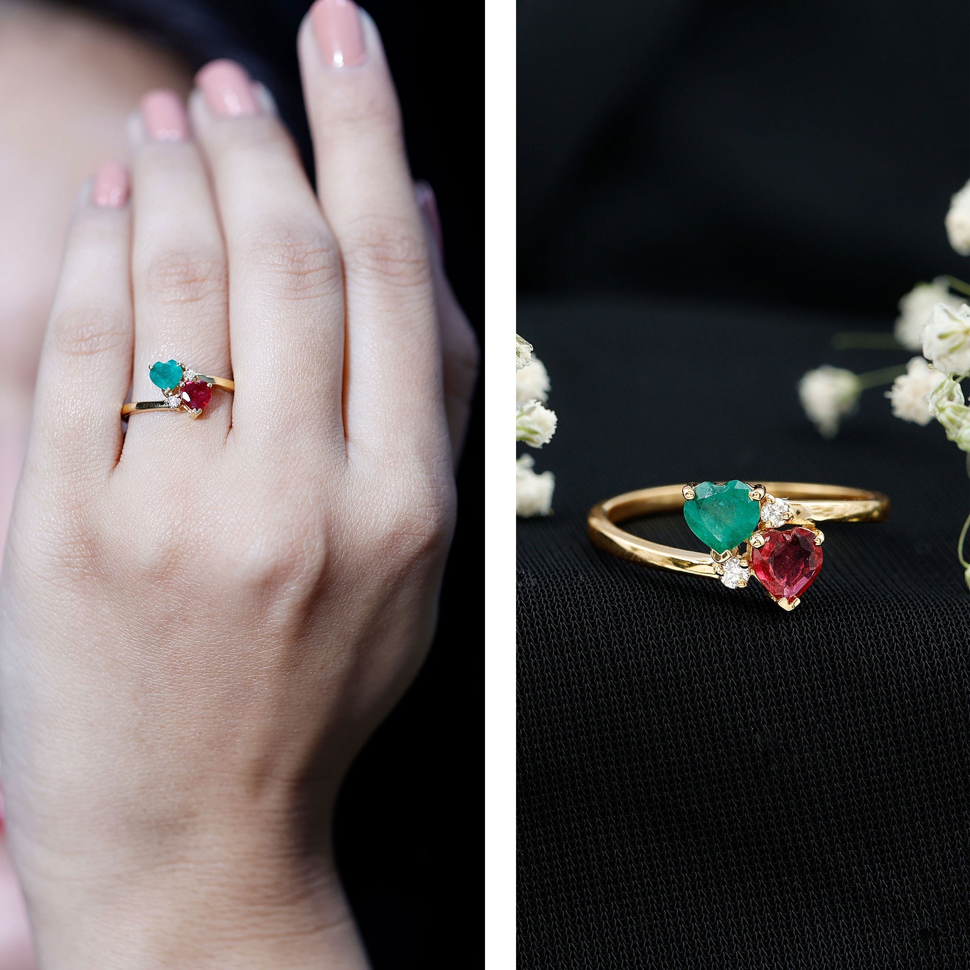 Heart Shaped Ruby Emerald Two Stone Engagement Ring