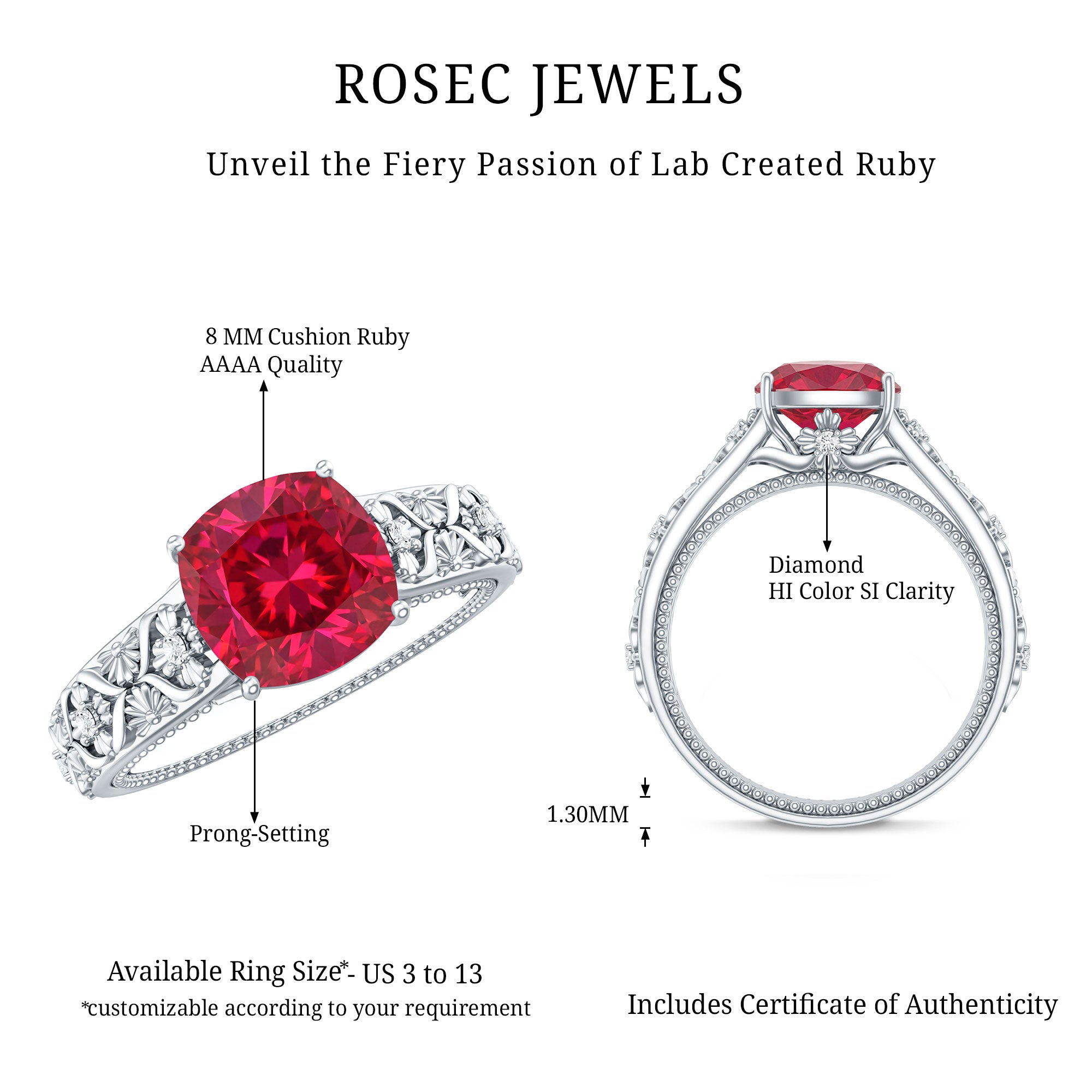 Vintage Inspired 2 Carat Cushion Cut Lab Created Ruby Engagement Ring
