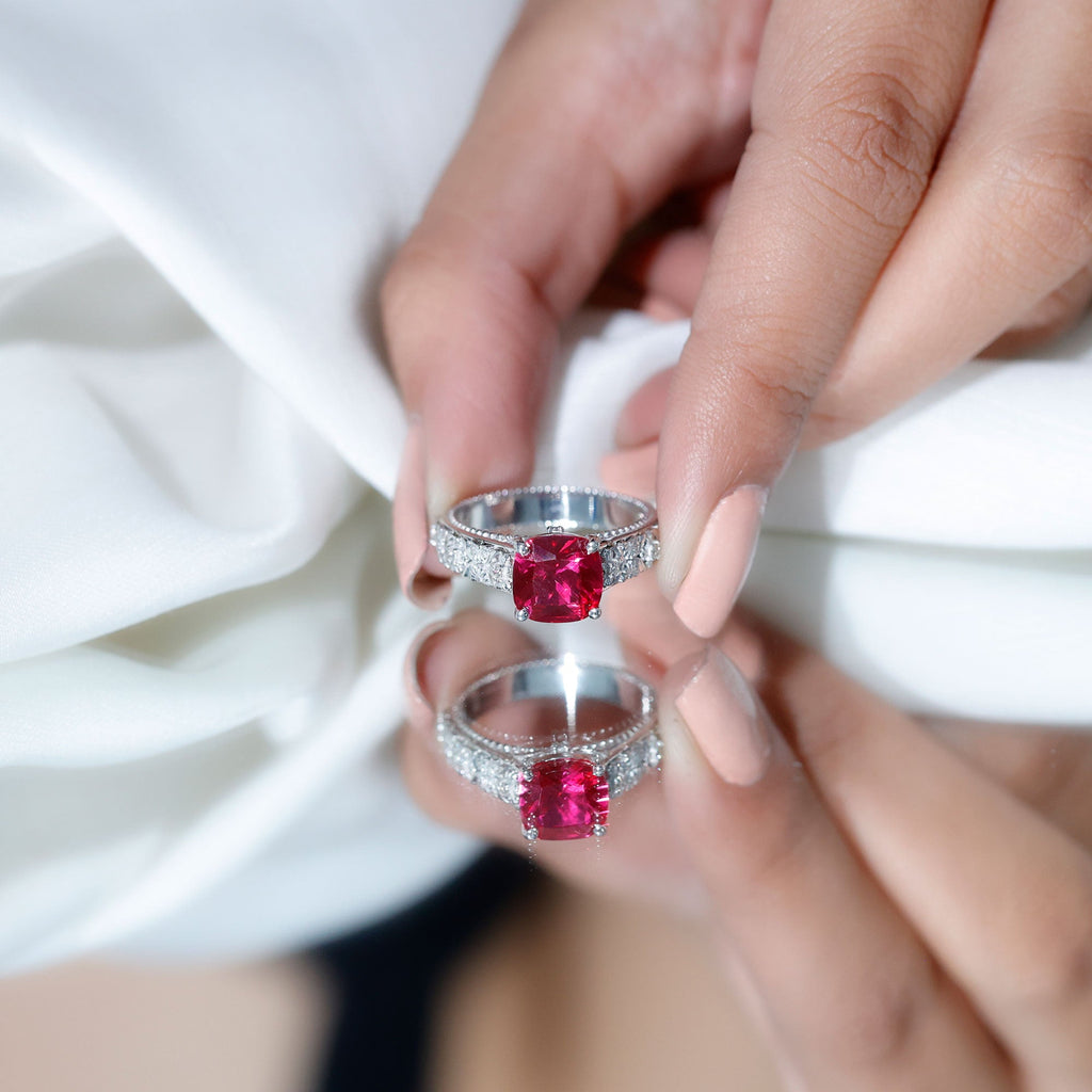 Vintage Inspired 2 Carat Cushion Cut Lab Created Ruby Engagement Ring