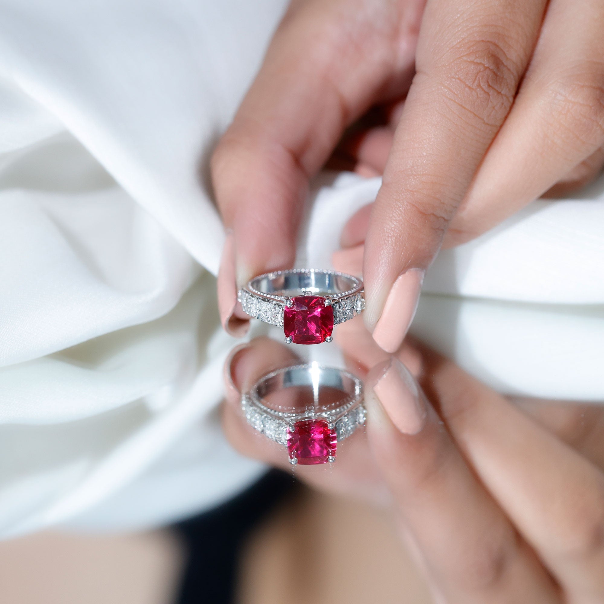 Vintage Inspired 2 Carat Cushion Cut Lab Created Ruby Engagement Ring