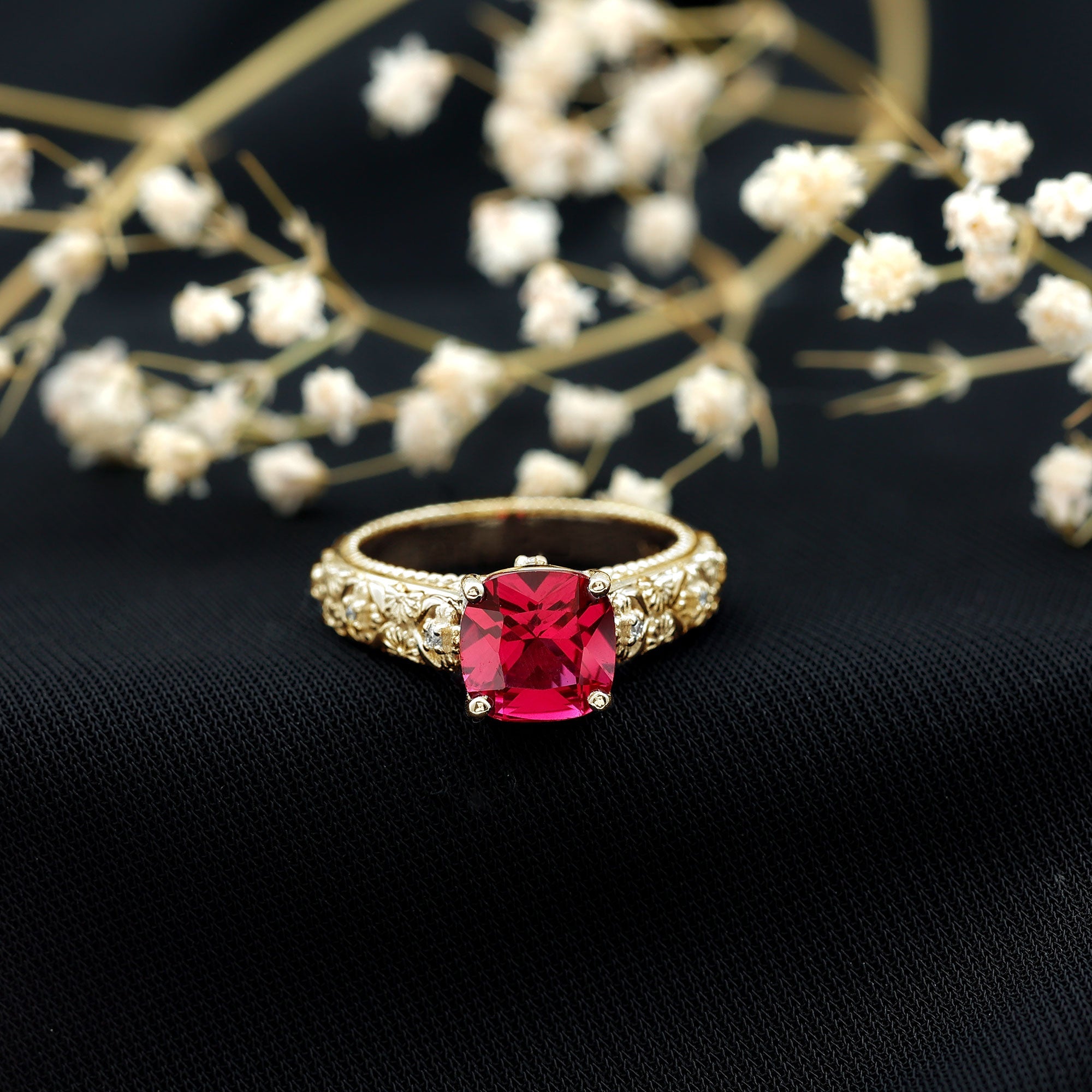 Vintage Inspired 2 Carat Cushion Cut Lab Created Ruby Engagement Ring