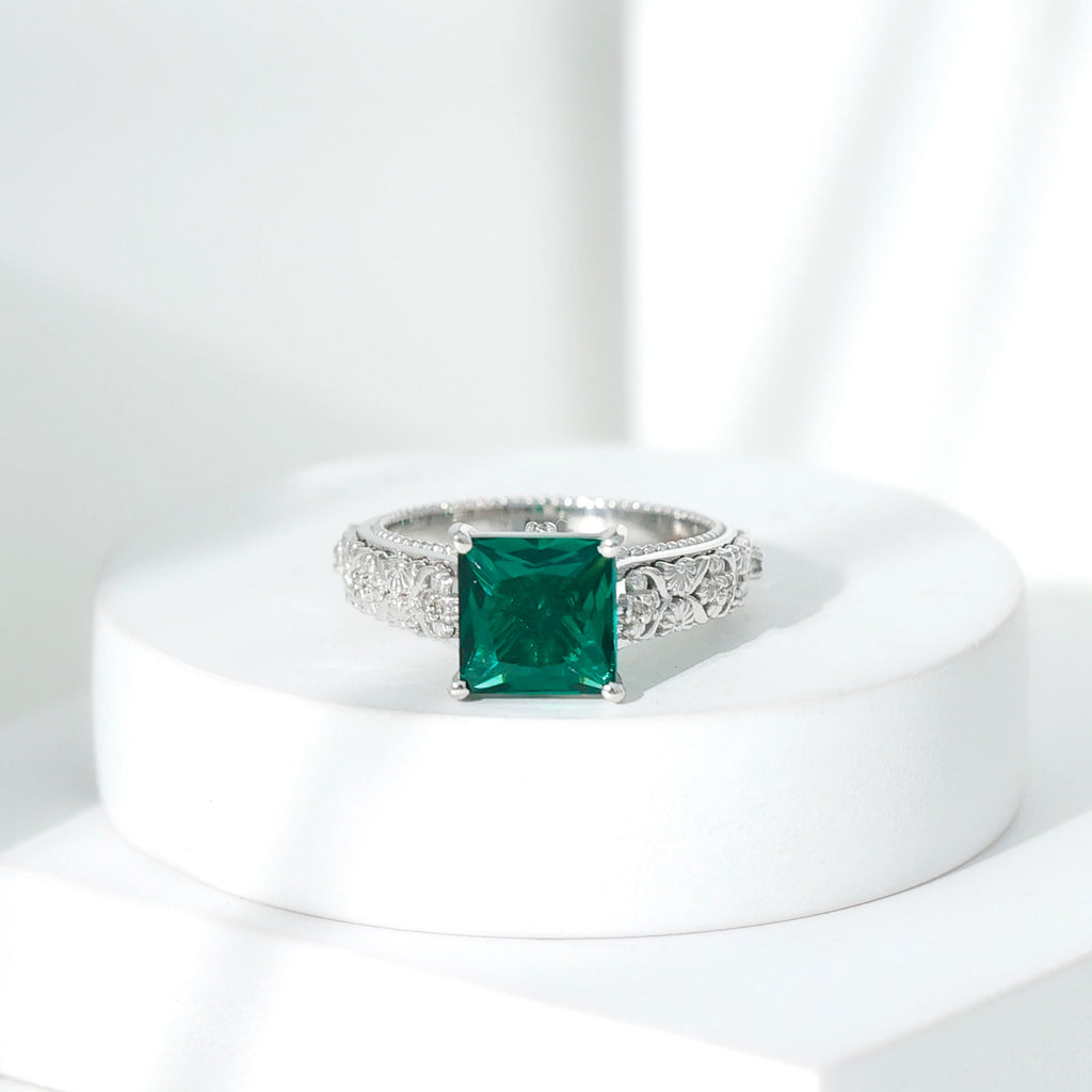 Princess Cut Lab Grown Emerald Solitaire Engagement Ring with Diamond