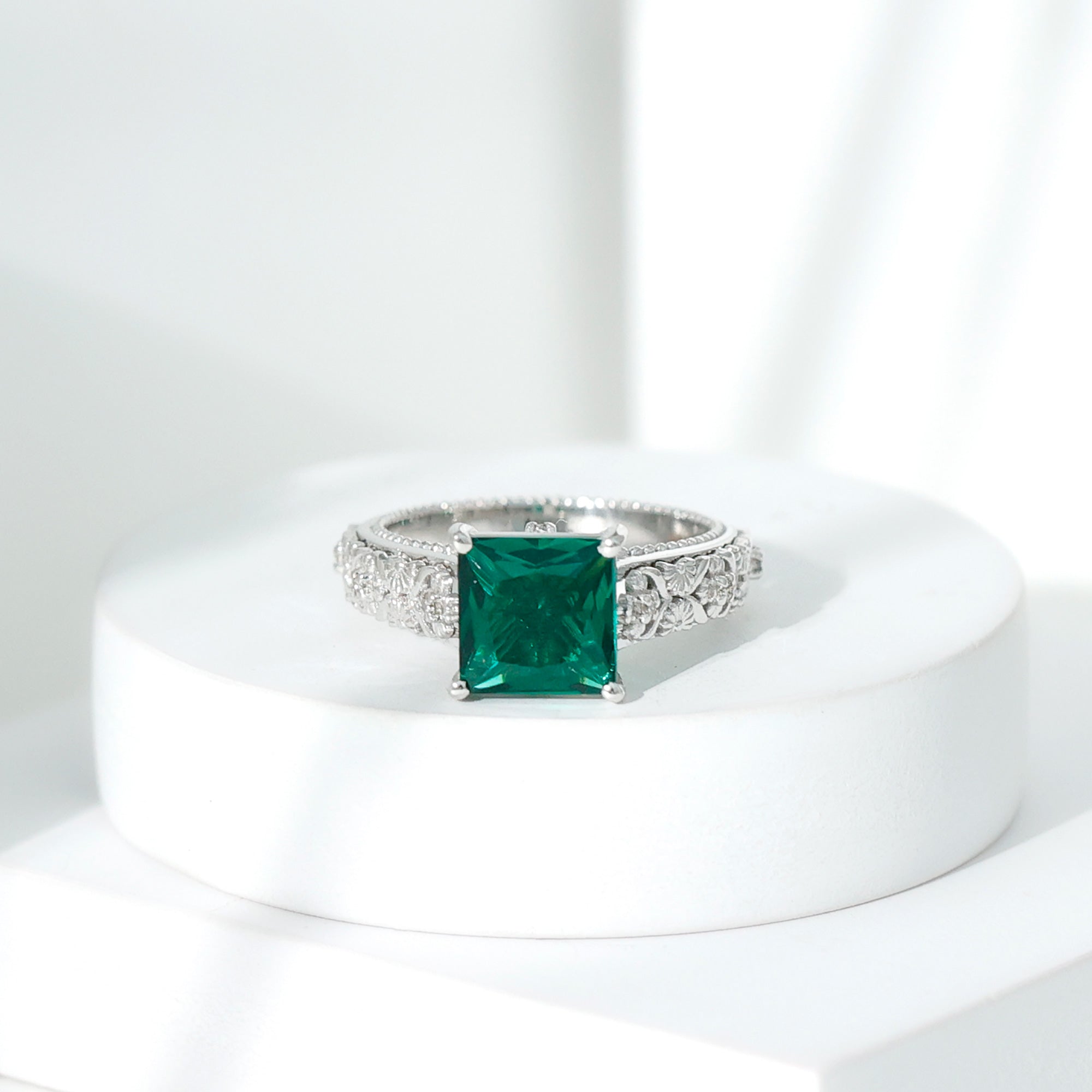 Princess Cut Lab Grown Emerald Solitaire Engagement Ring with Diamond
