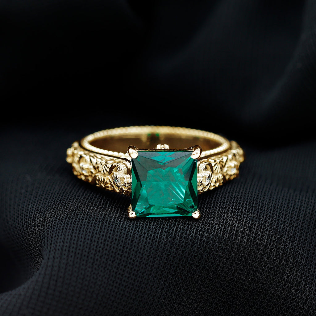 Princess Cut Lab Grown Emerald Solitaire Engagement Ring with Diamond