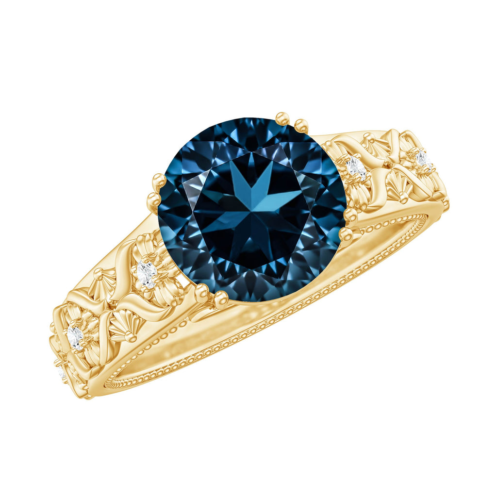 2 Carat Round London Blue Topaz Vintage Engagement Ring with Certificate
