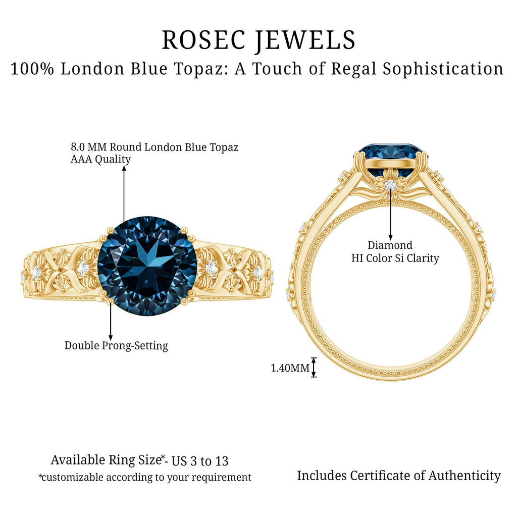 2 Carat Round London Blue Topaz Vintage Engagement Ring with Certificate