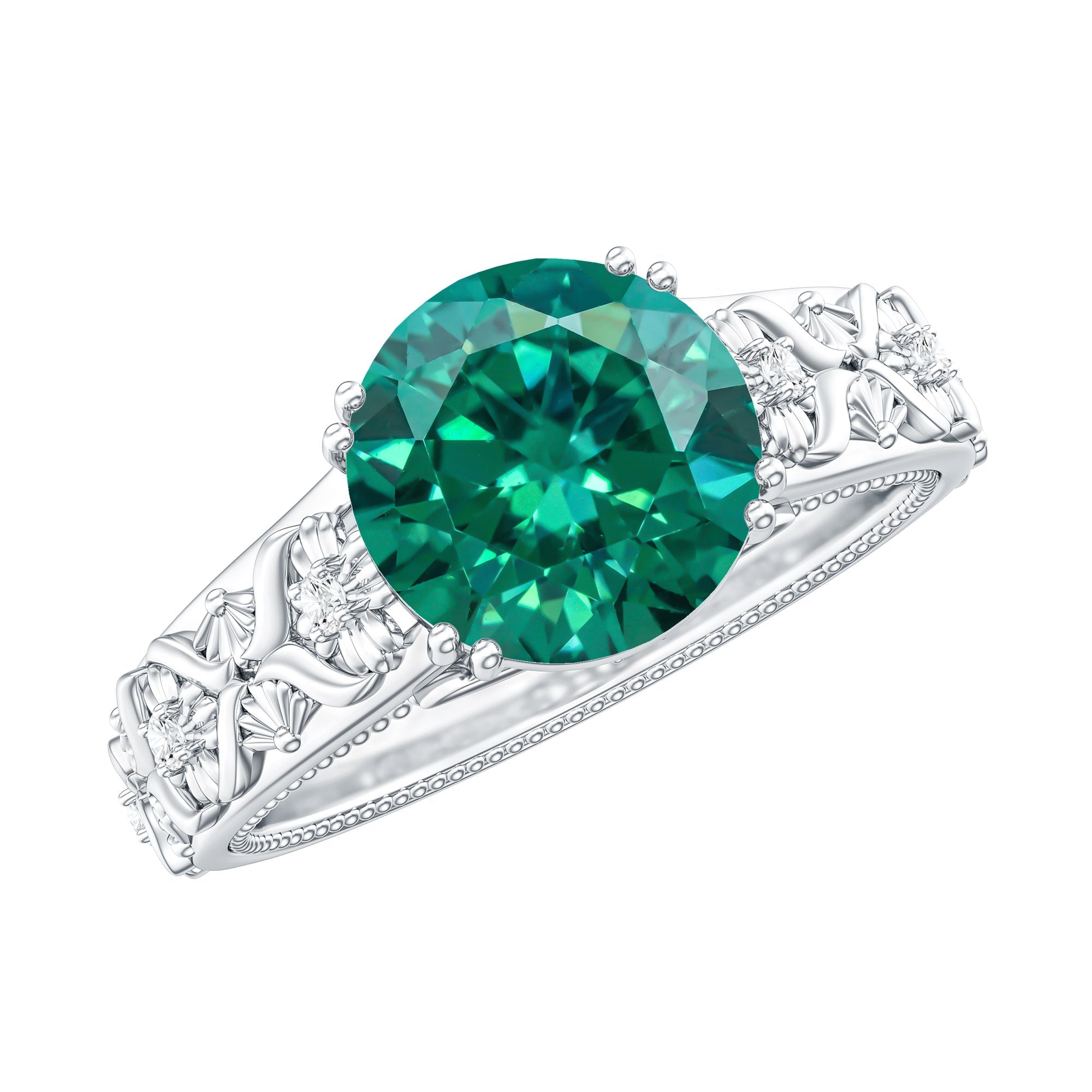 2 Carat Round Lab Created Emerald Antique Looking Engagement Ring with Diamond