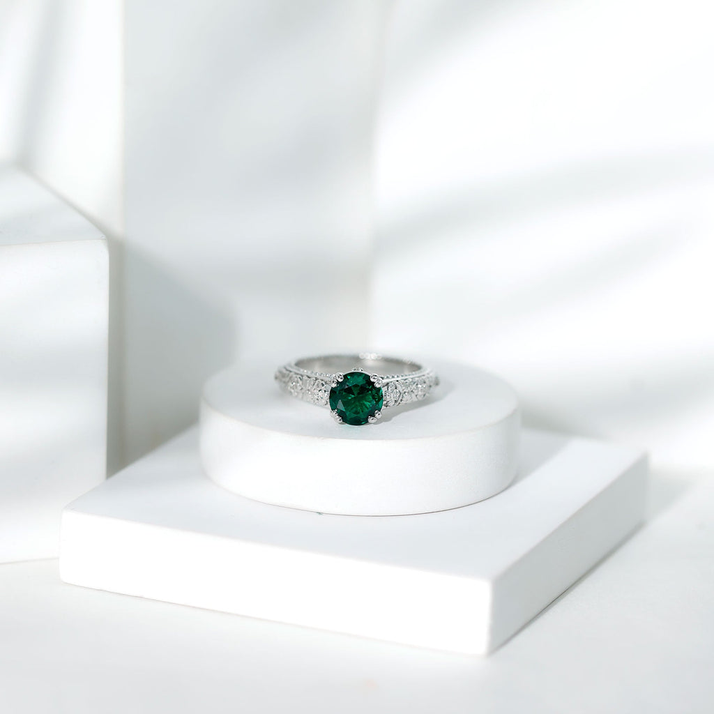 2 Carat Round Lab Created Emerald Antique Looking Engagement Ring with Diamond