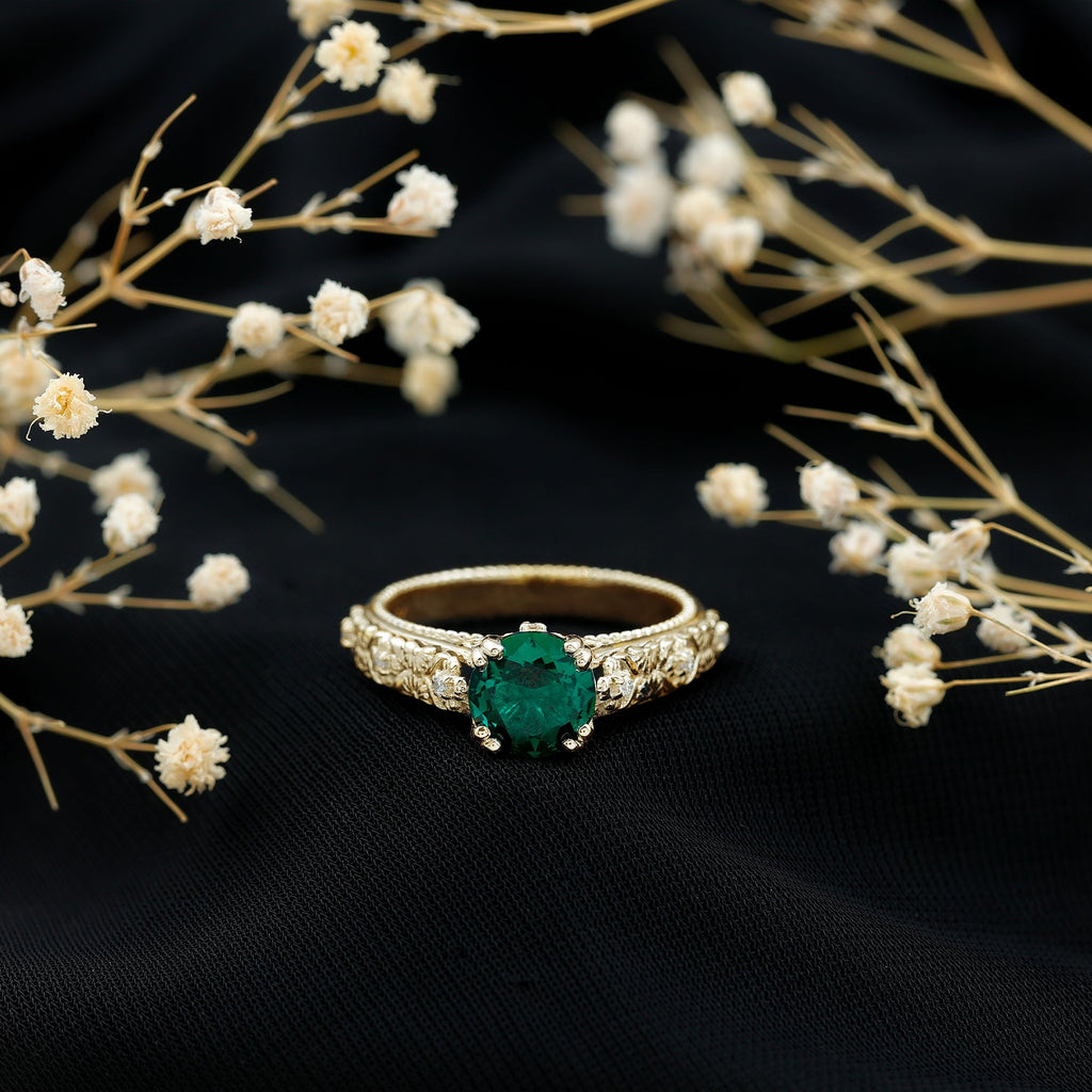 2 Carat Round Lab Created Emerald Antique Looking Engagement Ring with Diamond