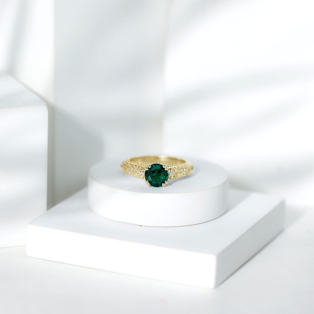 2 Carat Round Lab Created Emerald Antique Looking Engagement Ring with Diamond