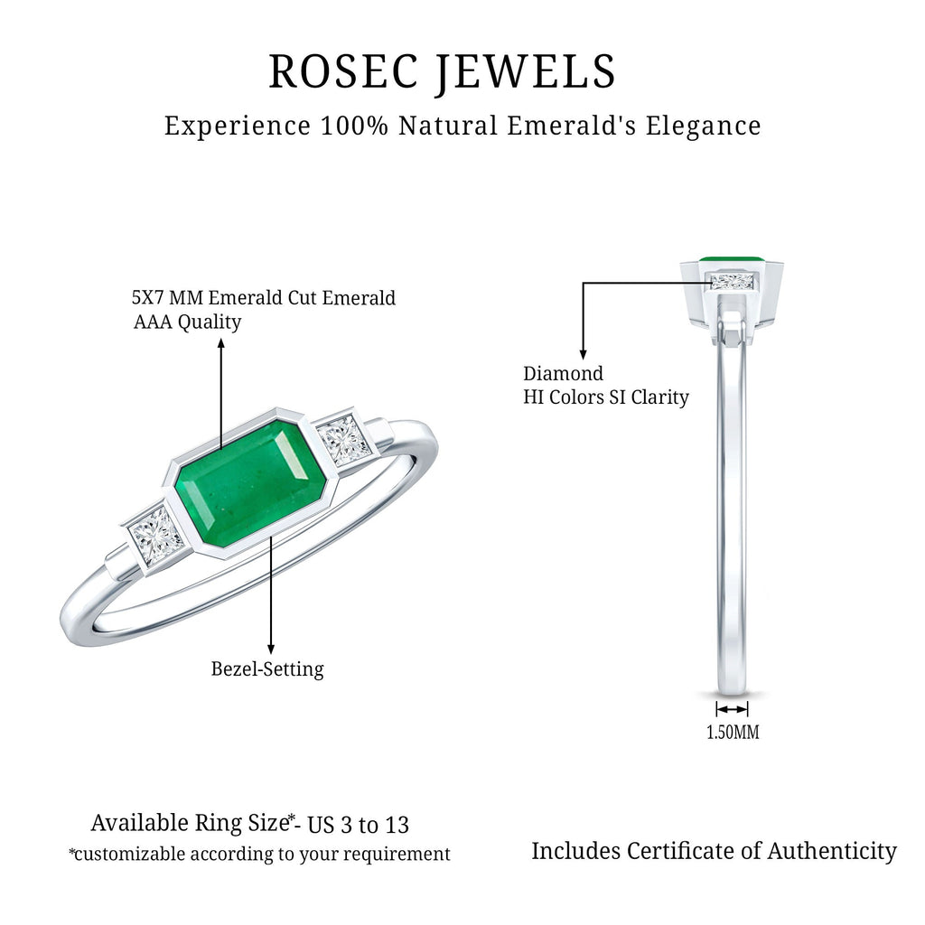 Octagon shape Emerald and Diamond East-West Promise Ring in Bezel Setting