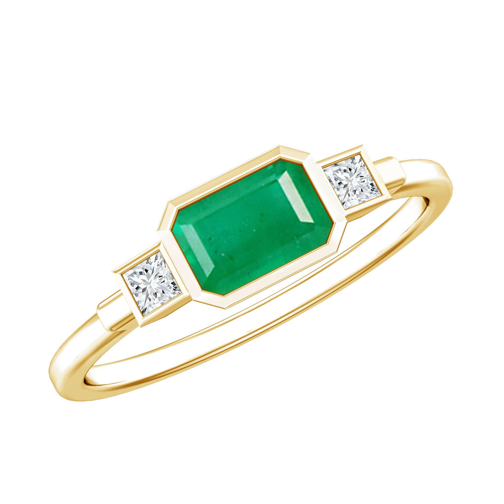 Octagon shape Emerald and Diamond East-West Promise Ring in Bezel Setting
