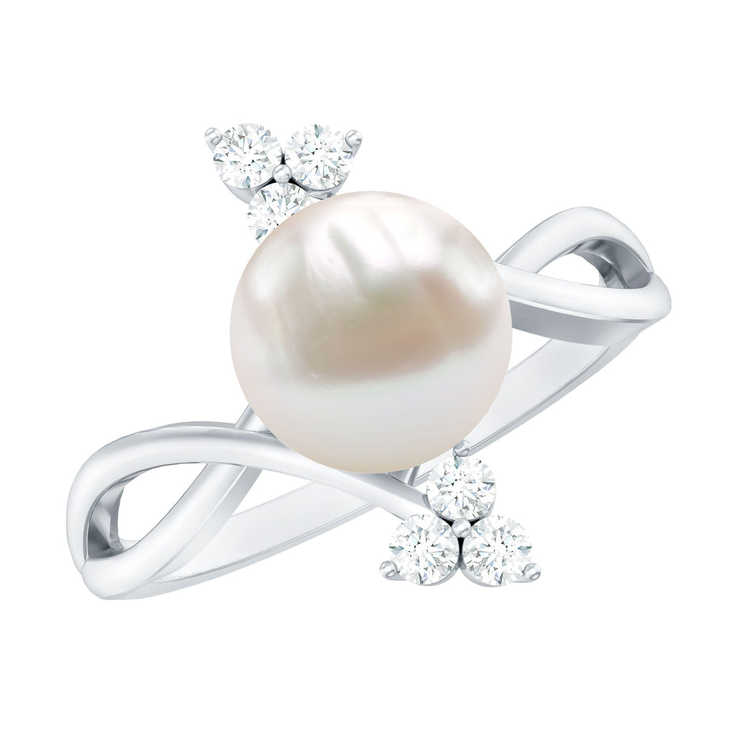 Cultured 7.48 Carat White Pearl Bypass Engagement Ring with Diamond