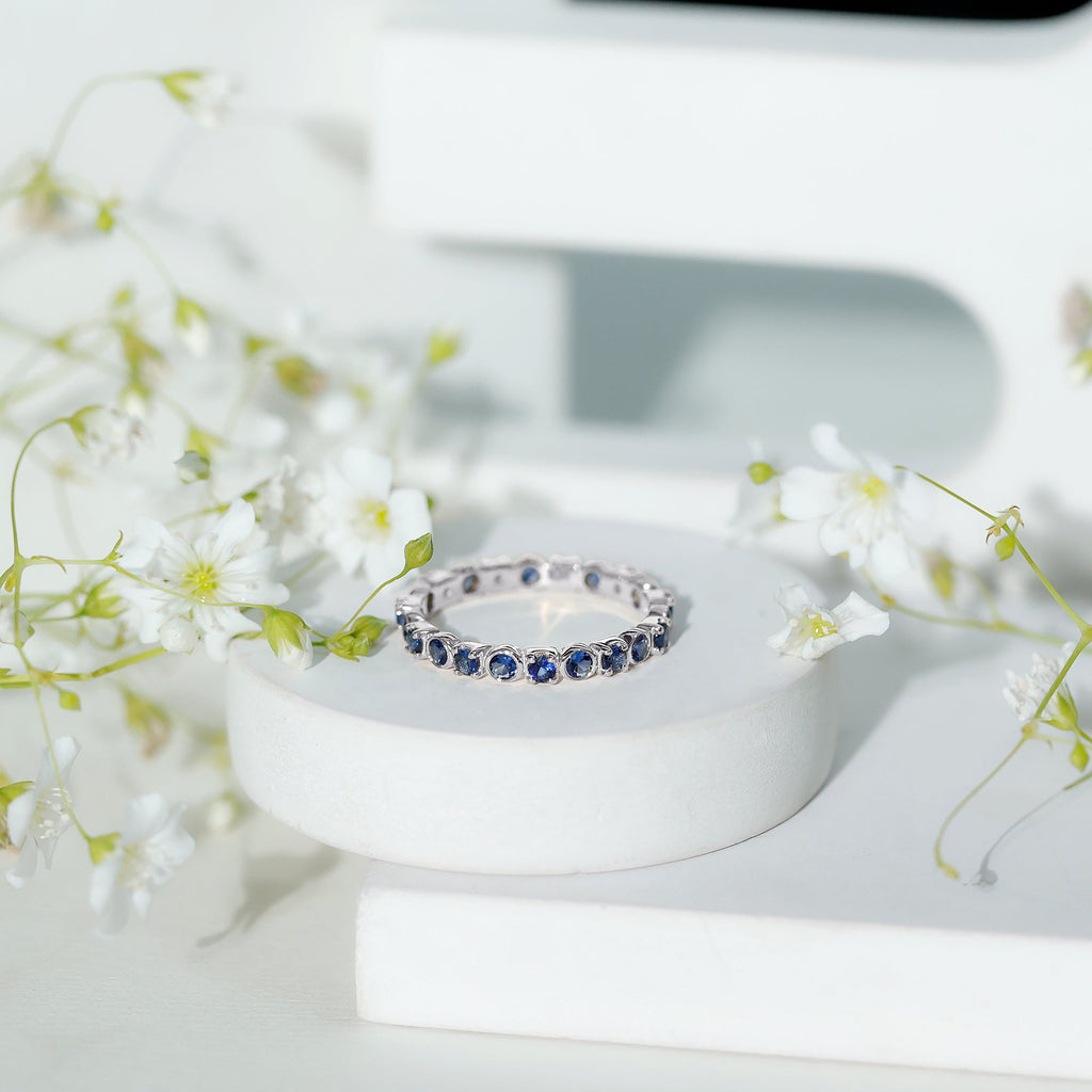 Certified Round Cut Lab Grown Blue Sapphire Eternity Band Ring