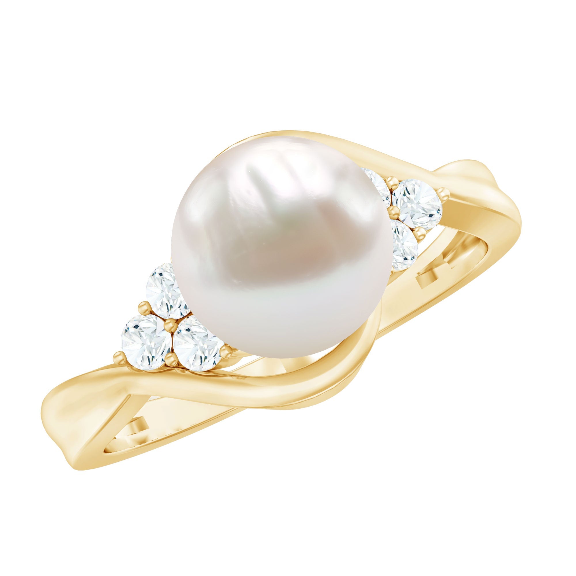 Natural 7.4 Carat Freshwater Pearl Engagement Ring with Diamond Trio