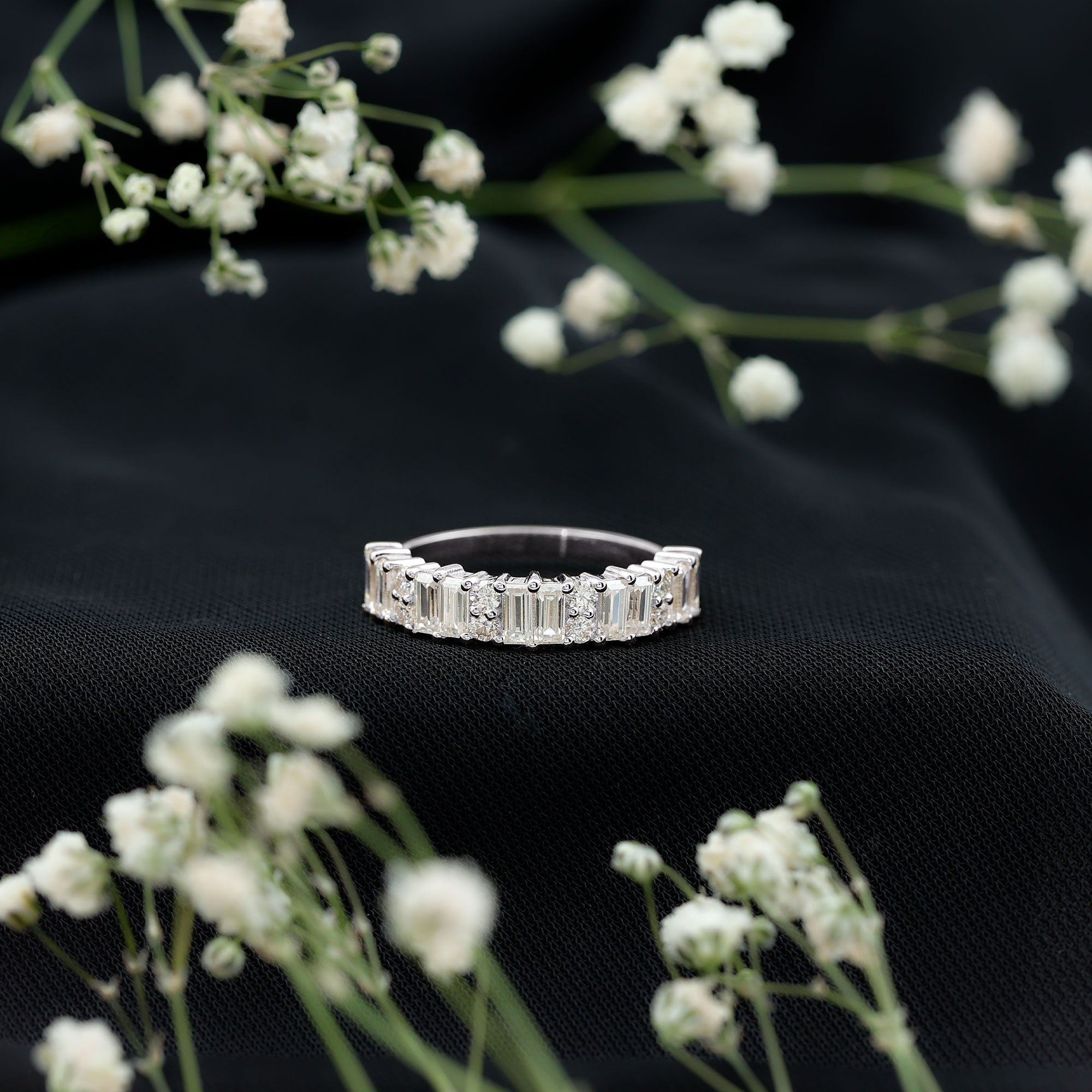Baguette and Round Moissanite Half Eternity Band Ring