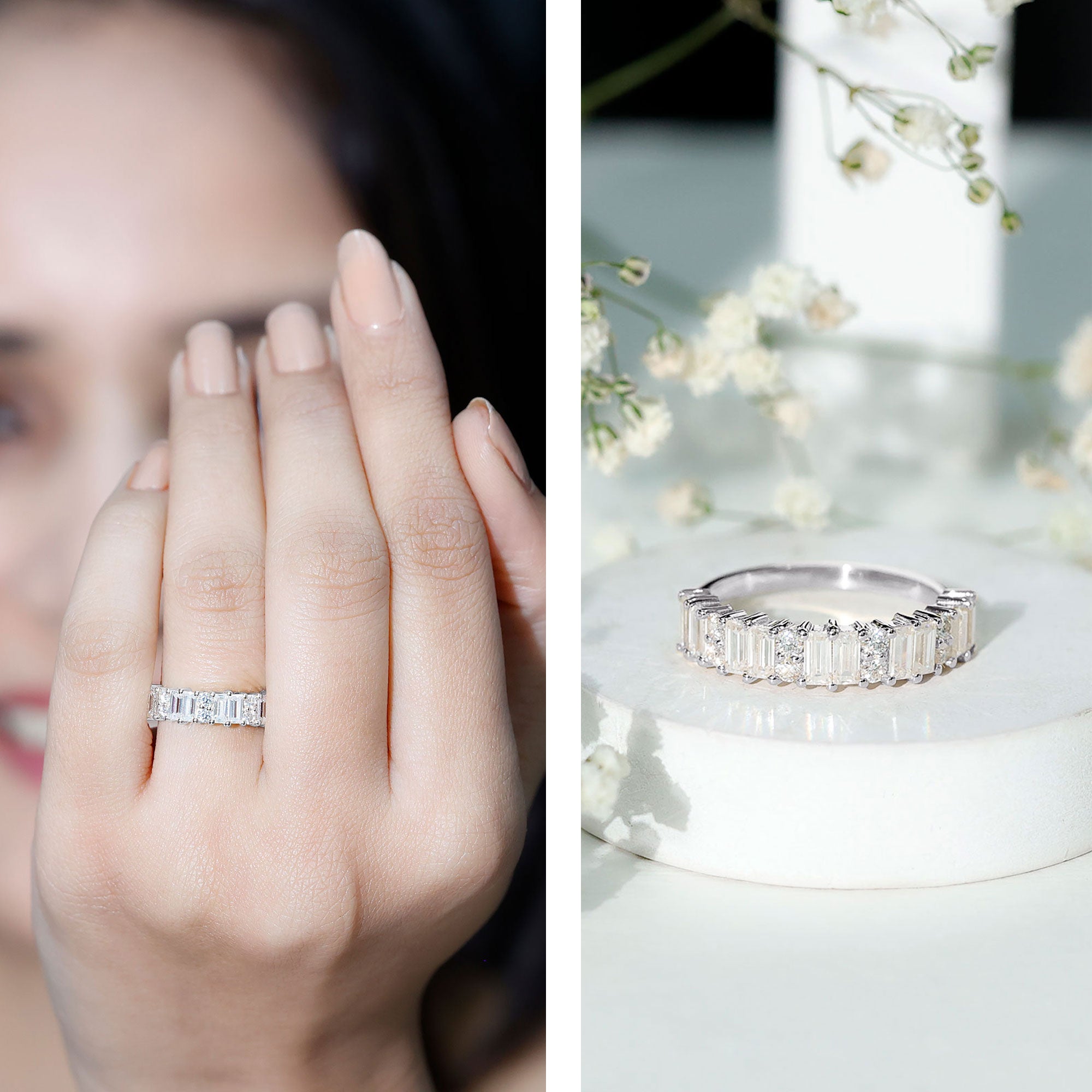Baguette and Round Moissanite Half Eternity Band Ring