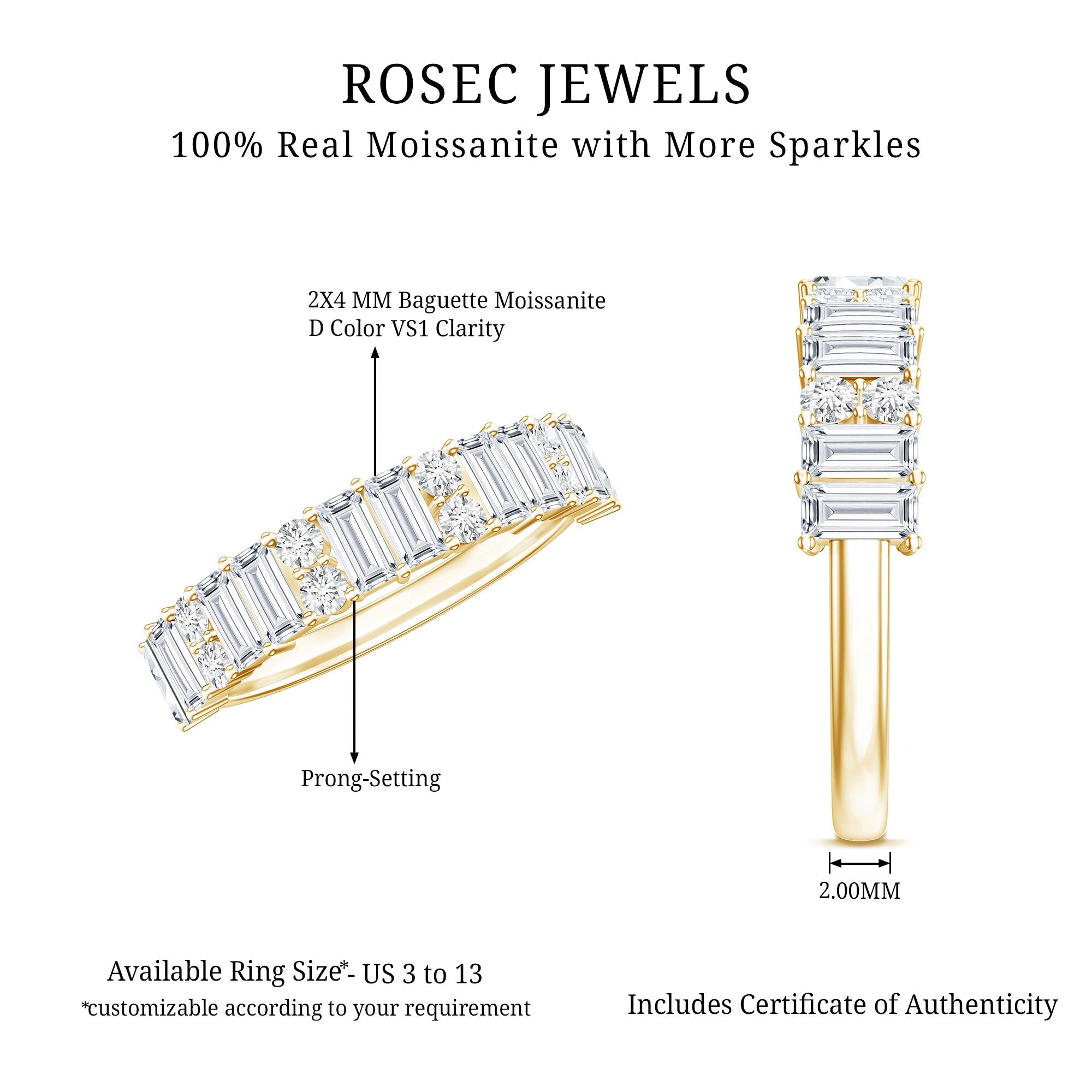 Baguette and Round Moissanite Half Eternity Band Ring