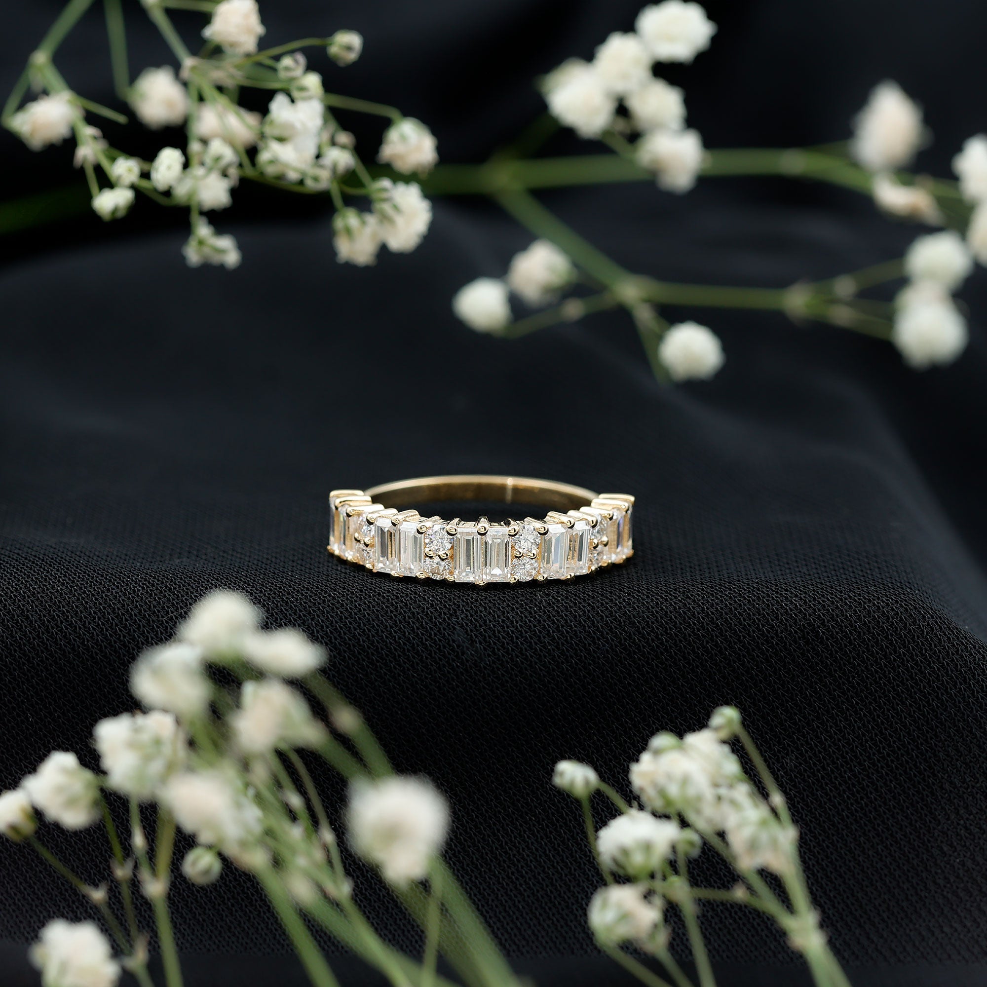 Baguette and Round Moissanite Half Eternity Band Ring