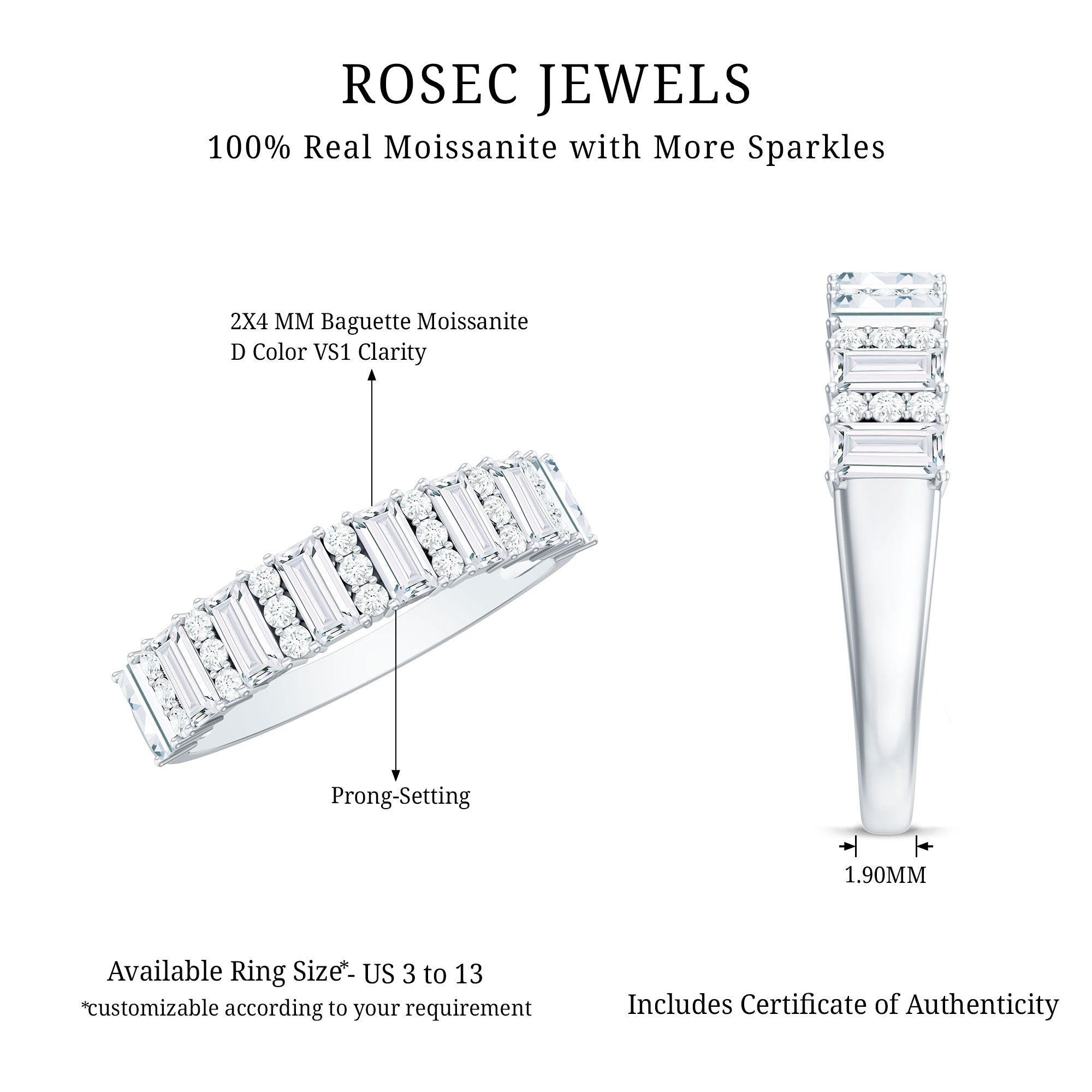 Certified Baguette Moissanite Half Eternity Band Ring for Women