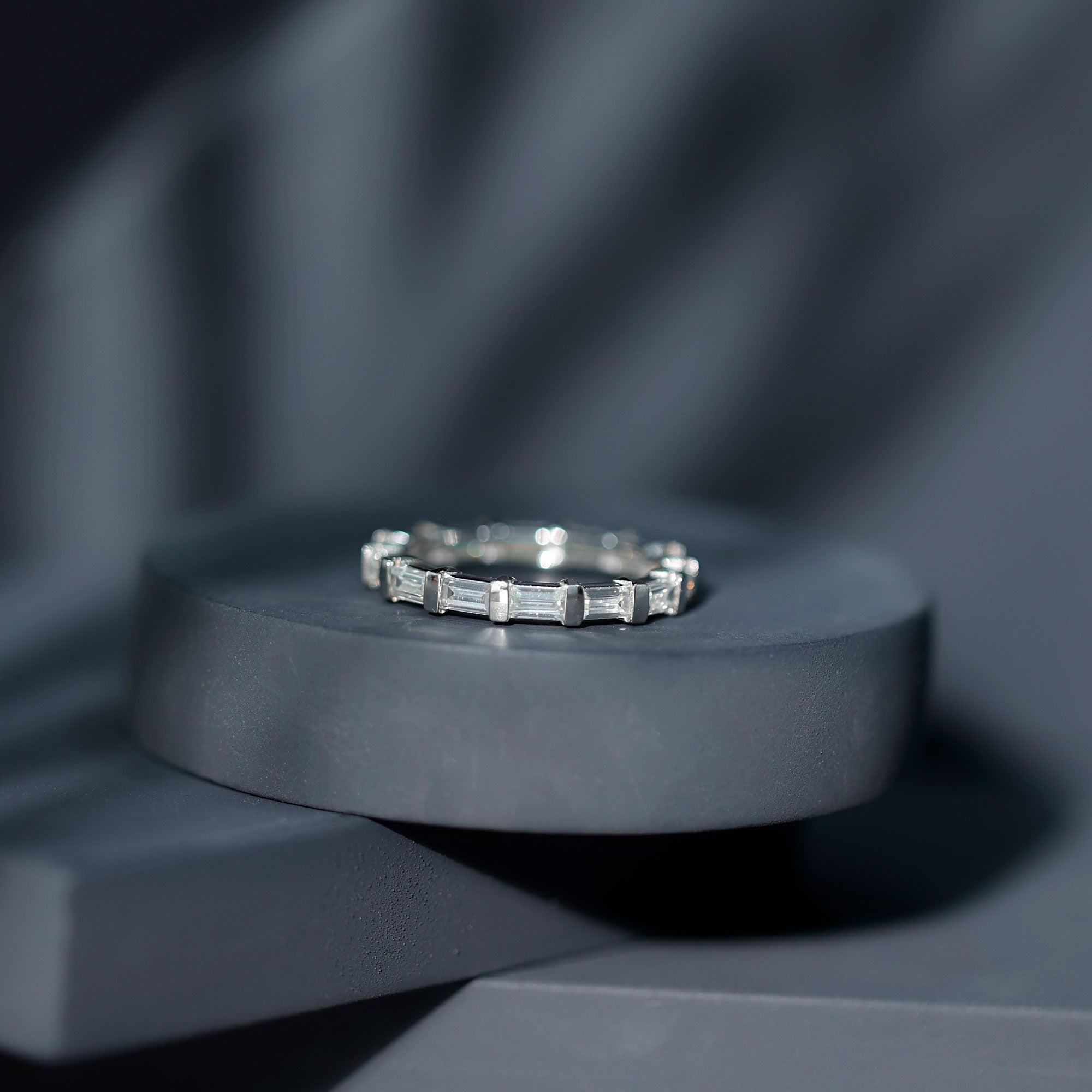Certified Baguette Cut Moissanite East West Eternity Ring