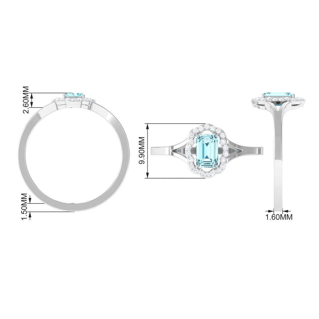 Emerald Cut Aquamarine Engagement Ring with Diamond Floral Halo
