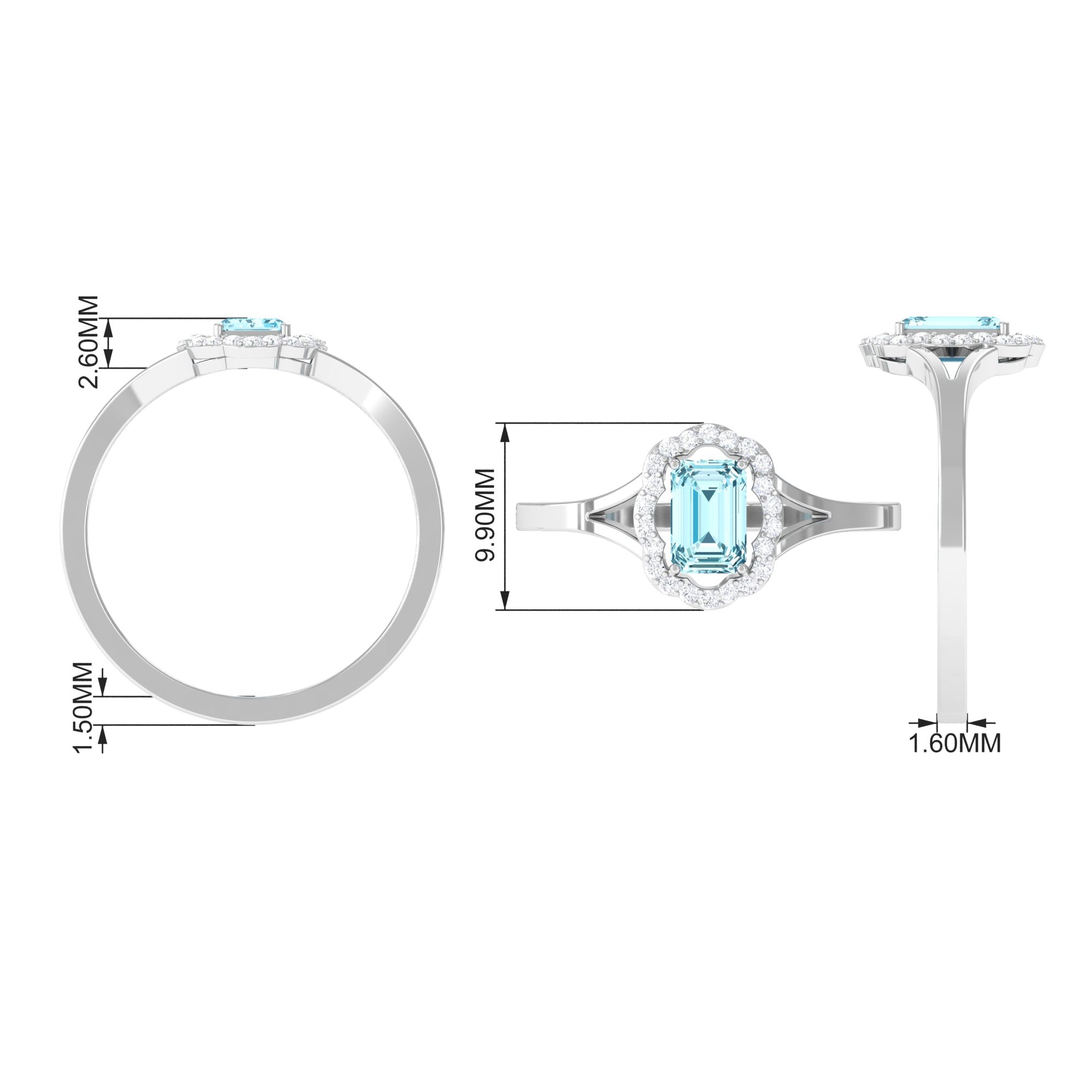 Emerald Cut Aquamarine Engagement Ring with Diamond Floral Halo