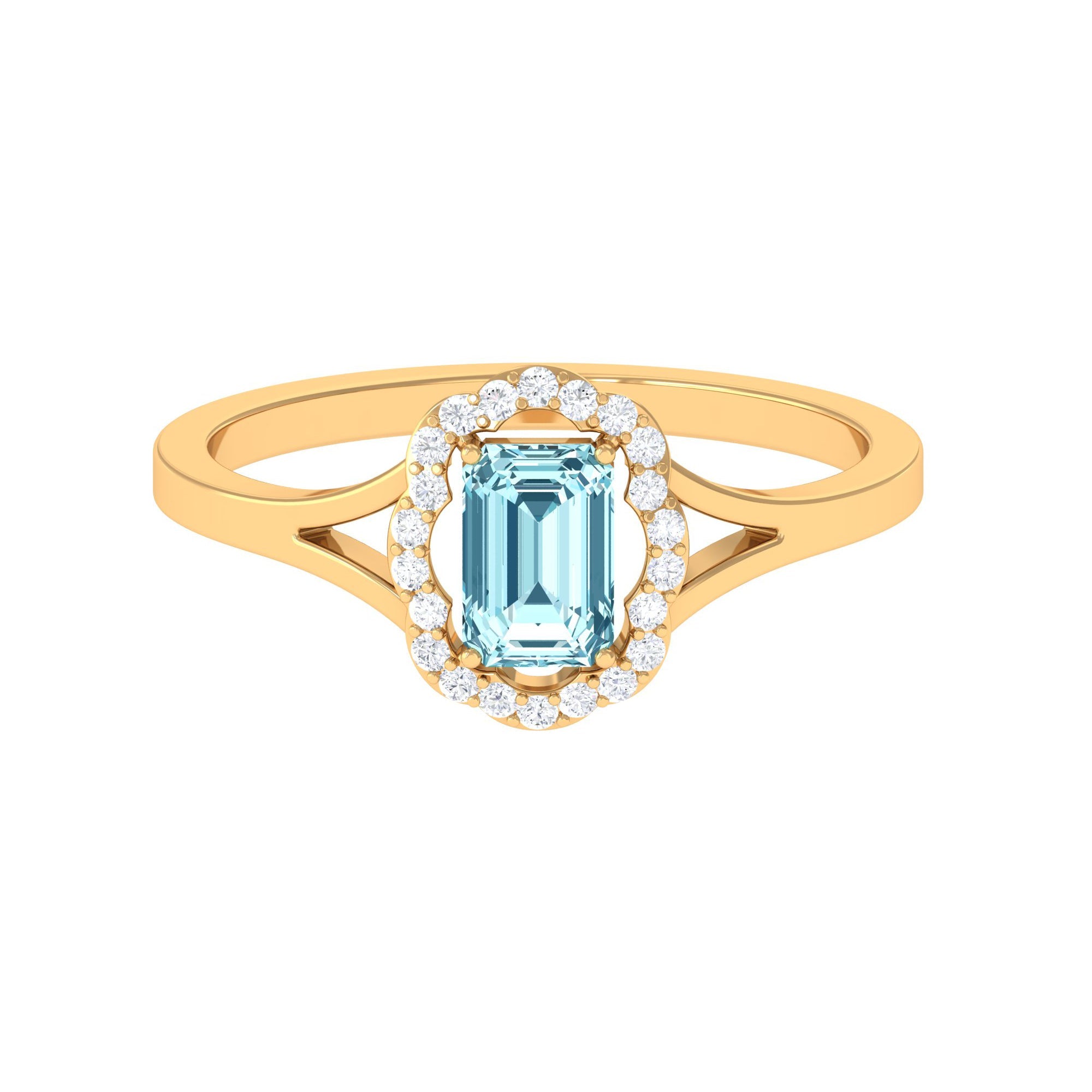 Emerald Cut Aquamarine Engagement Ring with Diamond Floral Halo